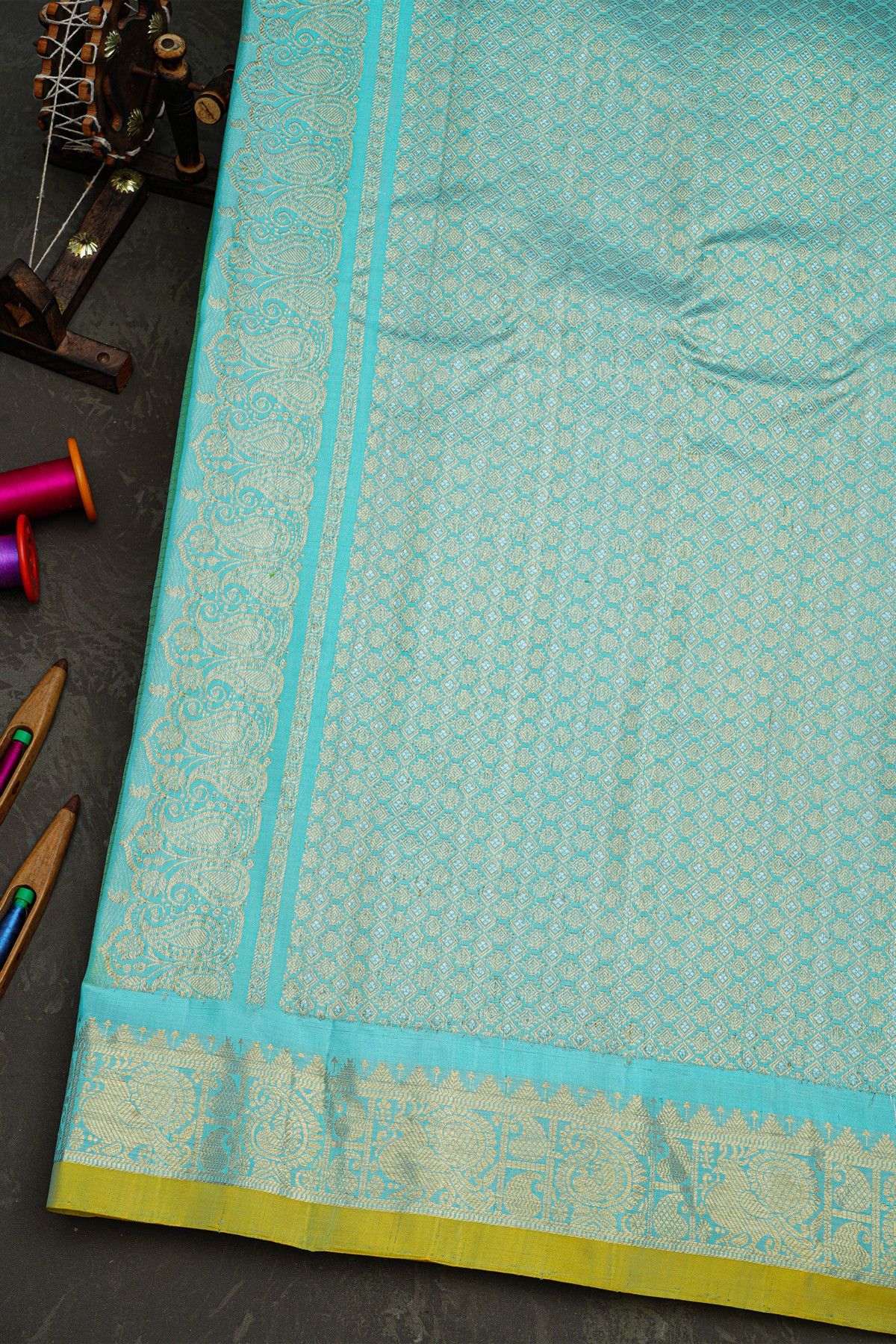 Gadwal Silk Sea Green Saree With Florals And Diamonds In Zari Checks Body