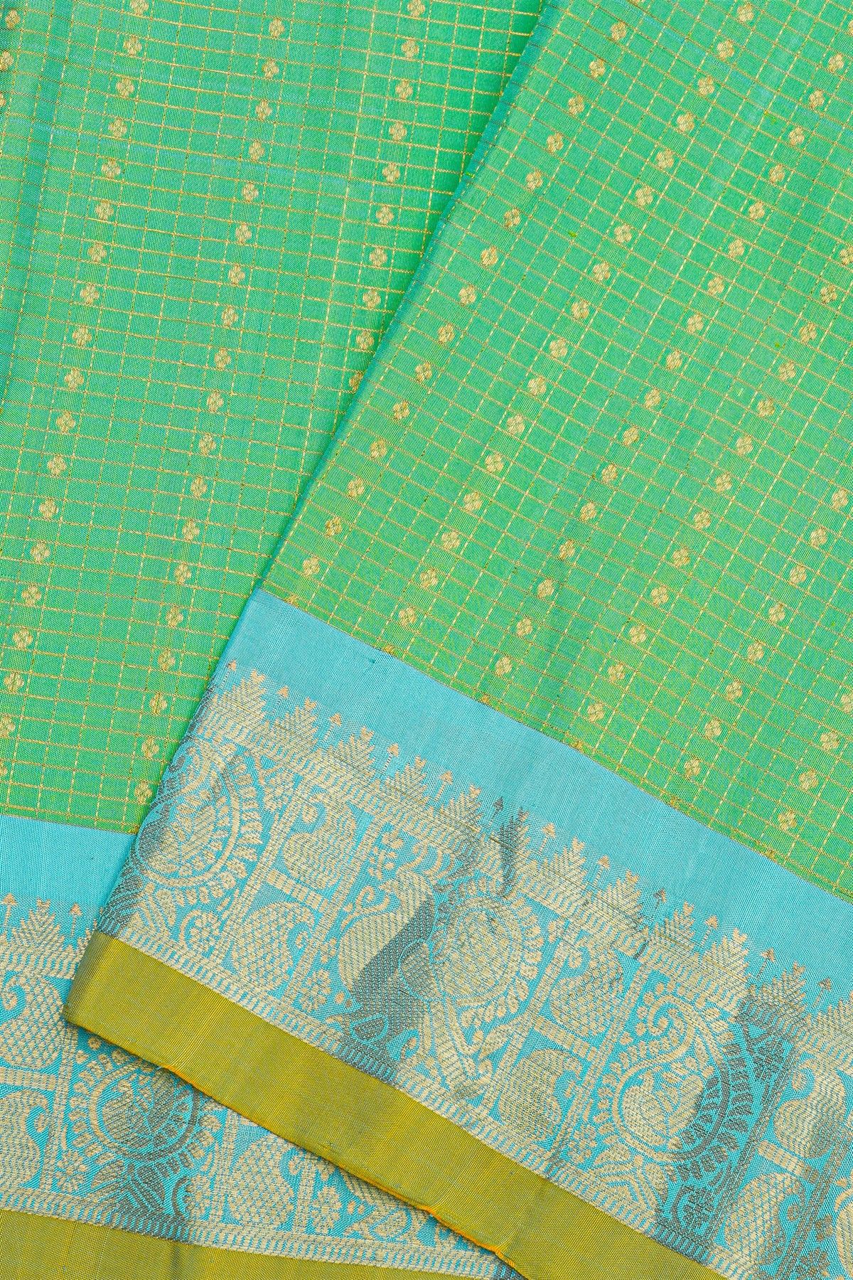 Gadwal Silk Sea Green Saree With Florals And Diamonds In Zari Checks Body