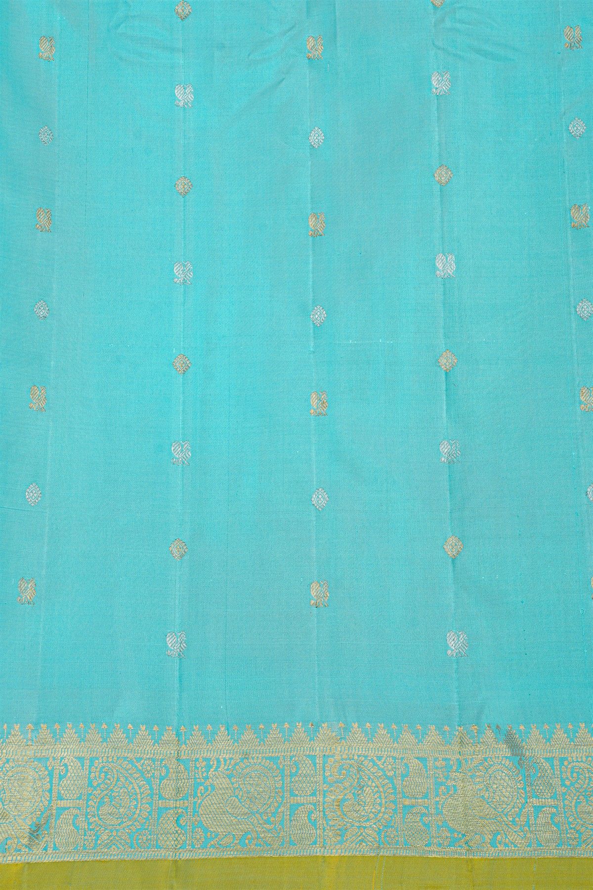 Gadwal Silk Sea Green Saree With Florals And Diamonds In Zari Checks Body