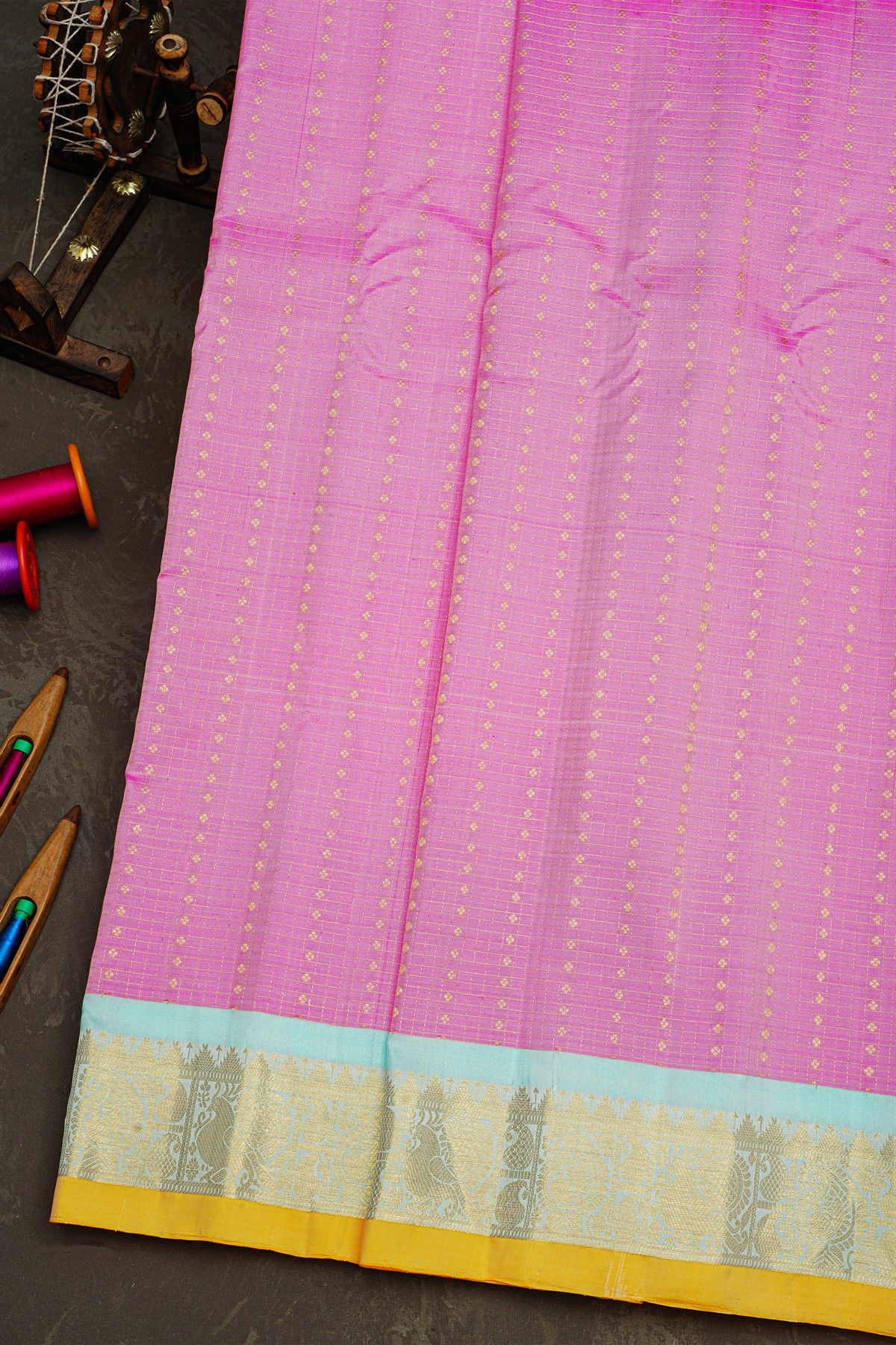 Gadwal Silk Pink Saree With Florals And Diamonds In Zari Checks Body