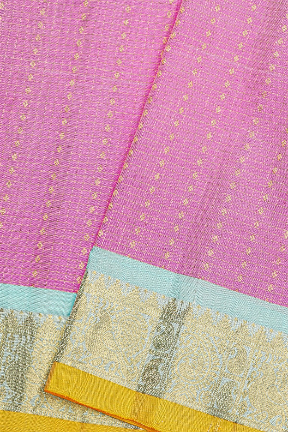 Gadwal Silk Pink Saree With Florals And Diamonds In Zari Checks Body