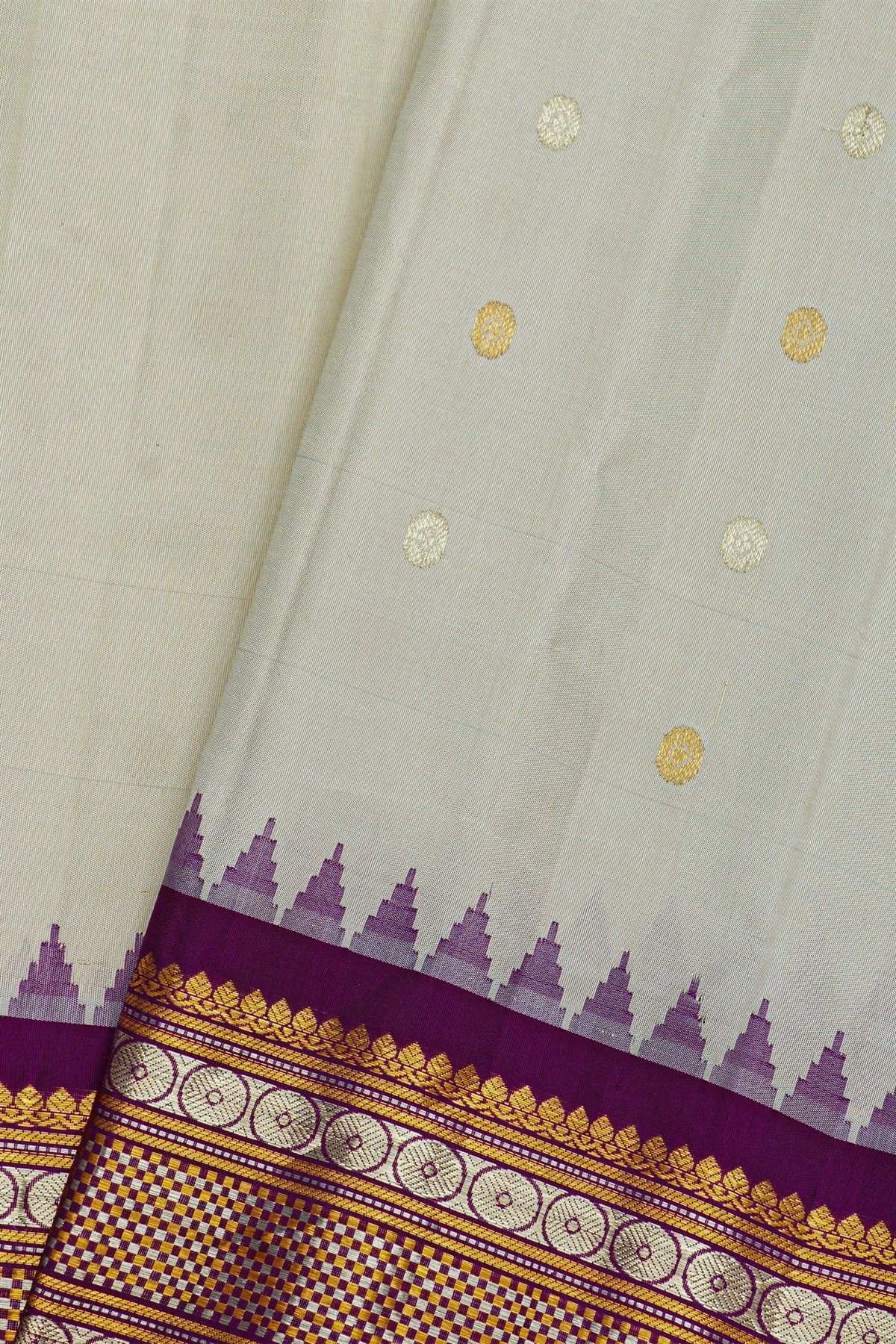 Gadwal Silk Off White Saree With Floral Buttis In Zari Body