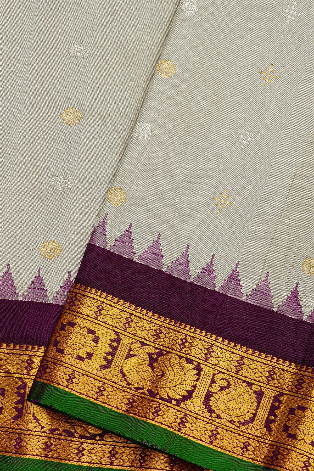 Gadwal Silk Light Grey Saree With Florals And Leaves In Zari Body