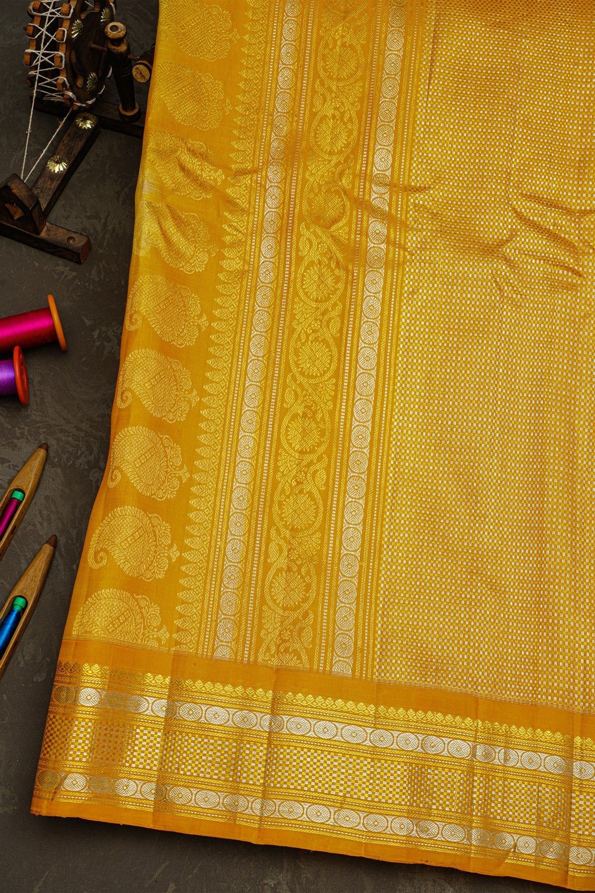 Gadwal Silk Off White Saree With Motifs And Buttis In Zari Body