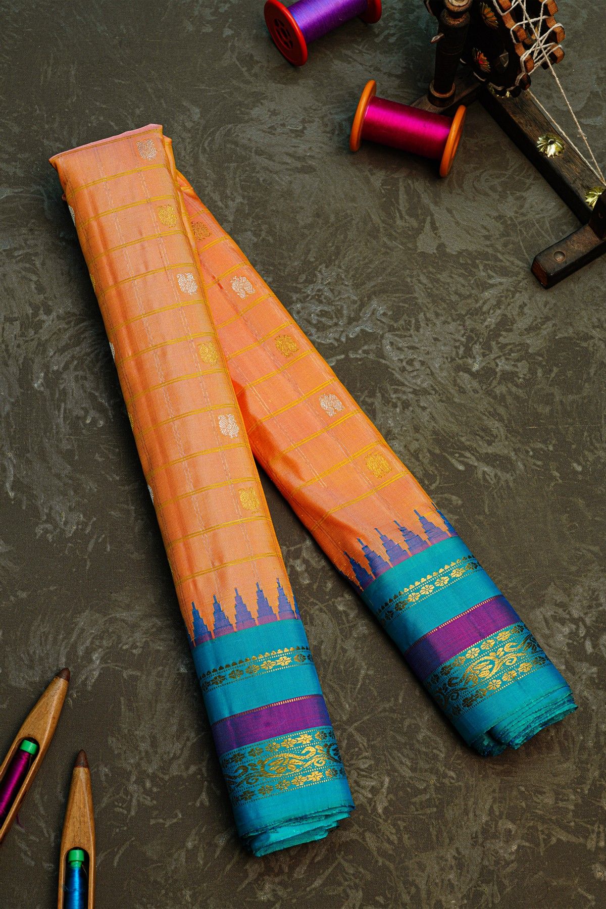 Gadwal Silk Peach Saree With Florals And Peacocks In Zari Checks Body
