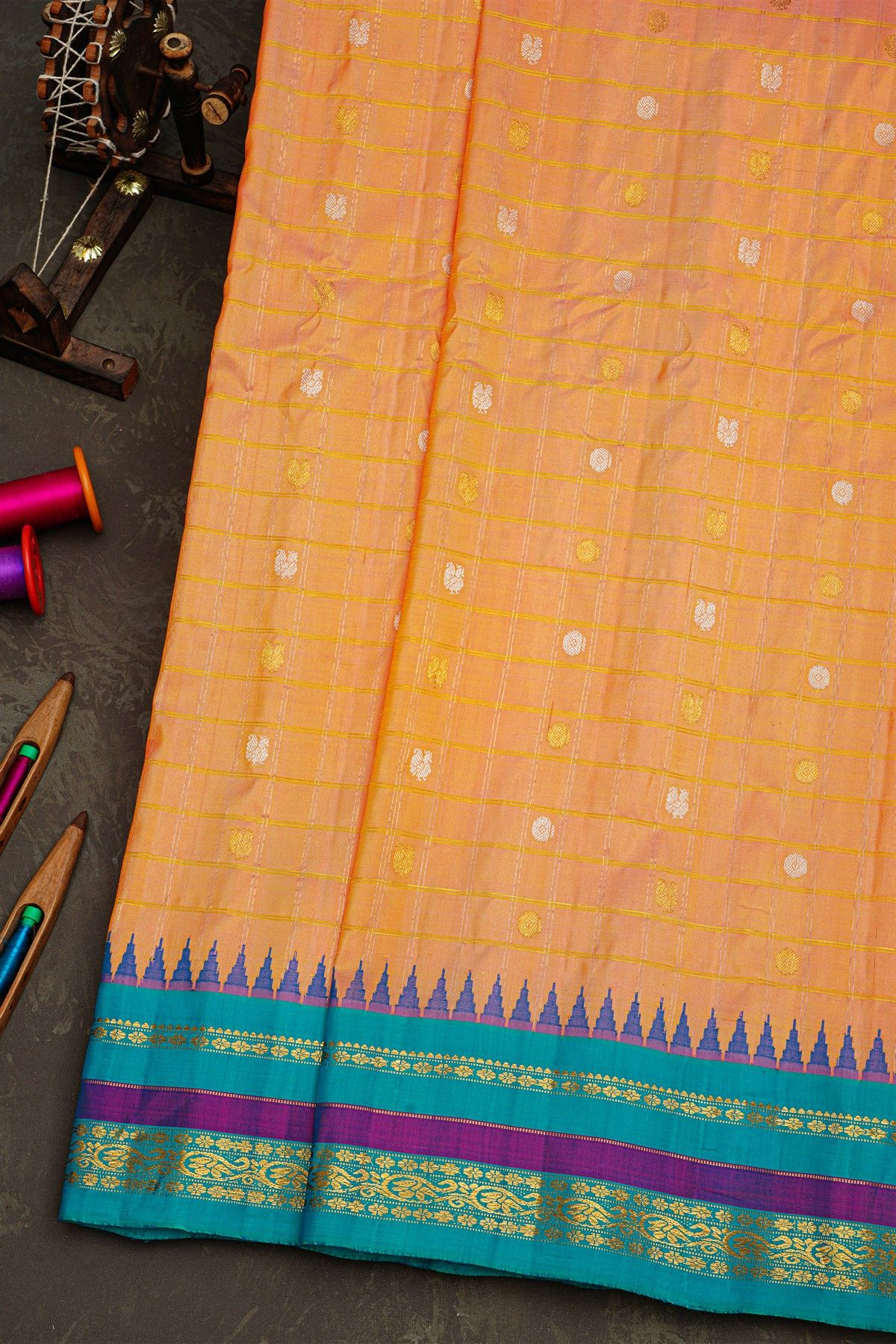 Gadwal Silk Peach Saree With Florals And Peacocks In Zari Checks Body