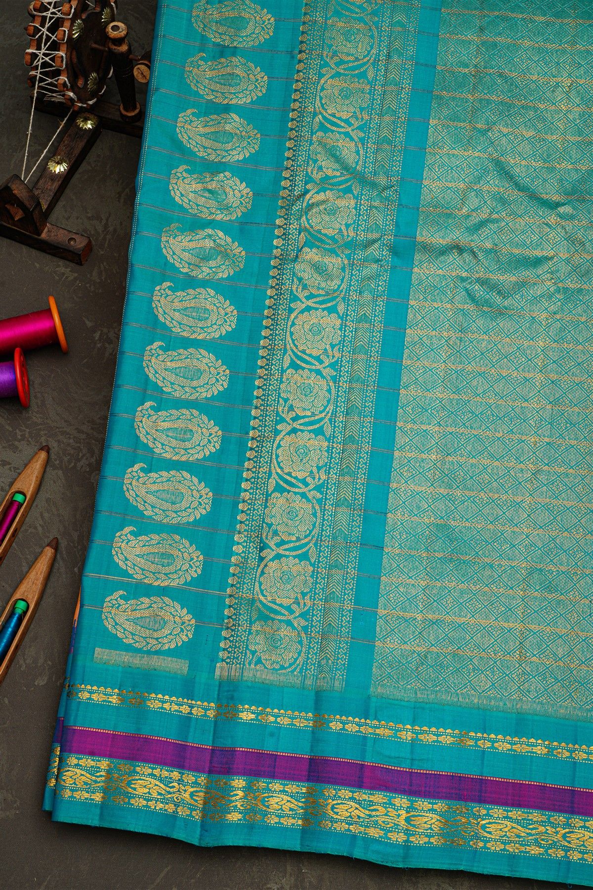 Gadwal Silk Peach Saree With Florals And Peacocks In Zari Checks Body