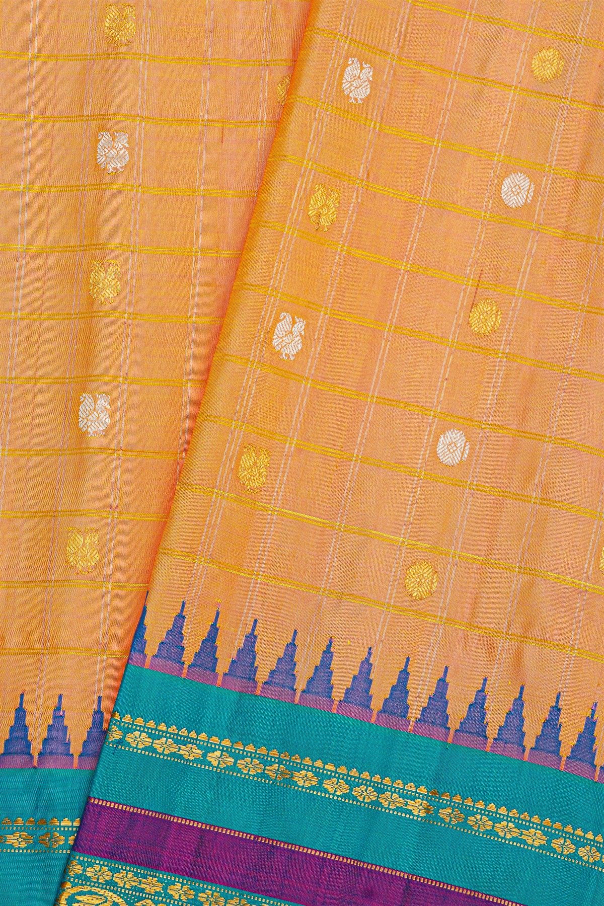 Gadwal Silk Peach Saree With Florals And Peacocks In Zari Checks Body