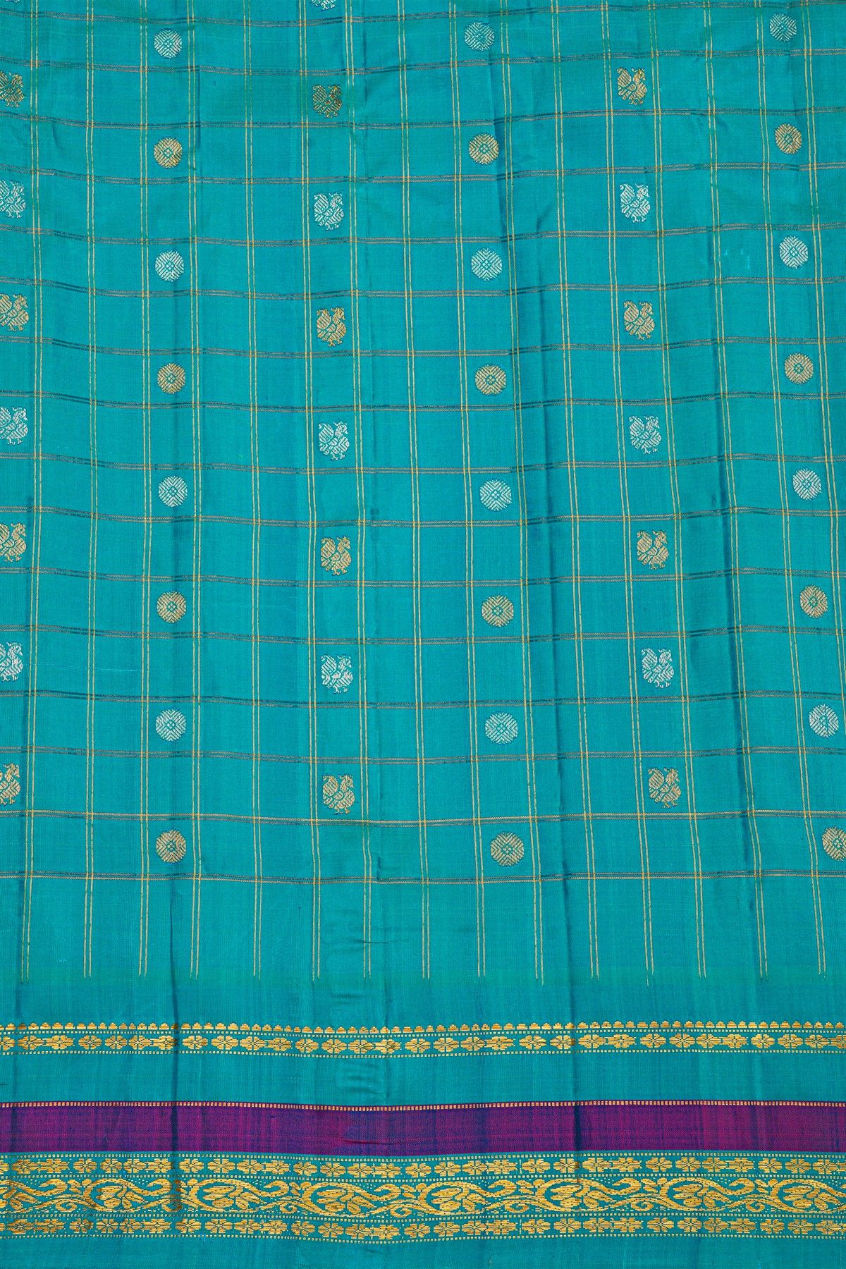 Gadwal Silk Peach Saree With Florals And Peacocks In Zari Checks Body