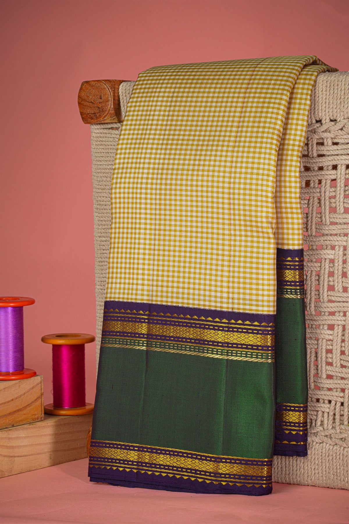 Kancheepuram Silk Multi-Colour Saree With Kattam Checks