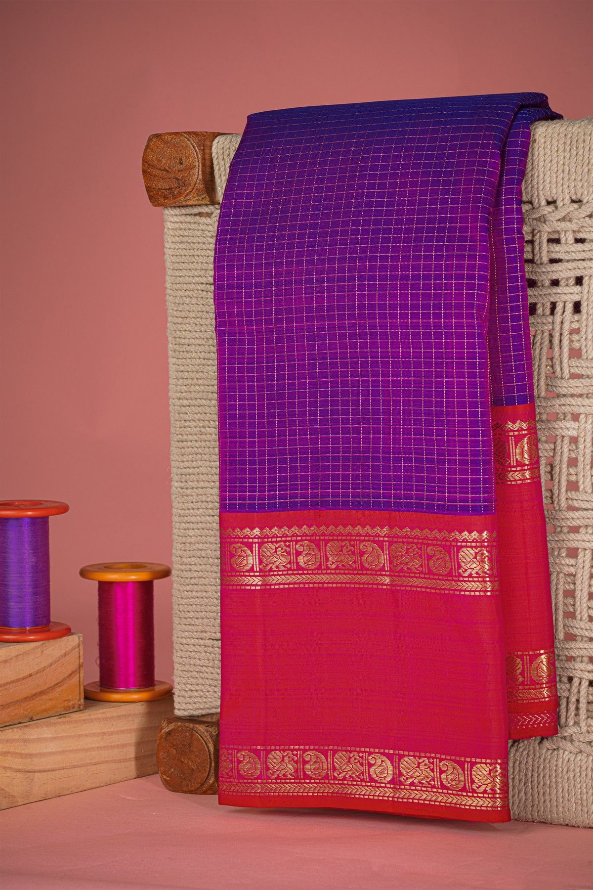 Kancheepuram Silk Purple Saree With Zari Check And Gap Border