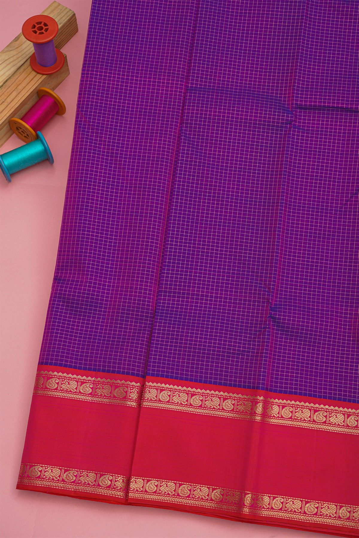 Kancheepuram Silk Purple Saree With Zari Check And Gap Border