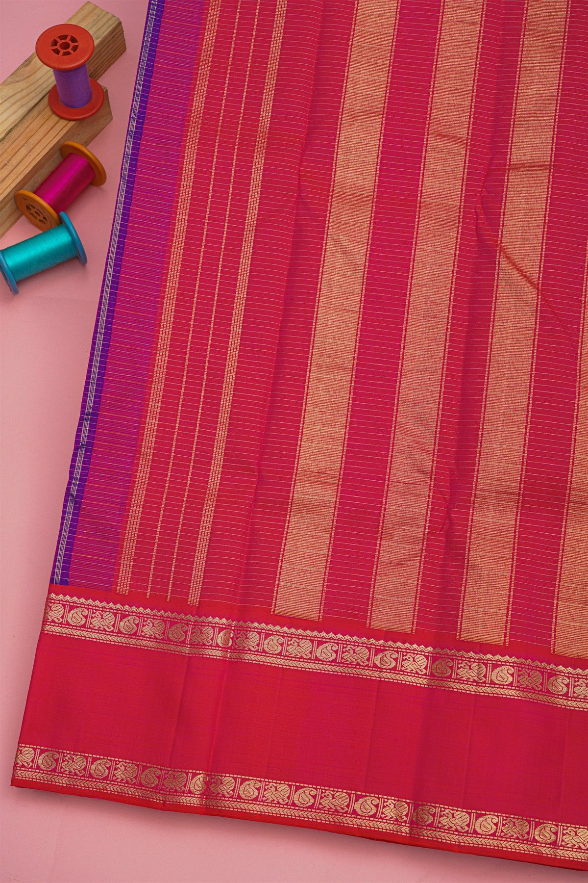 Kancheepuram Silk Purple Saree With Zari Check And Gap Border