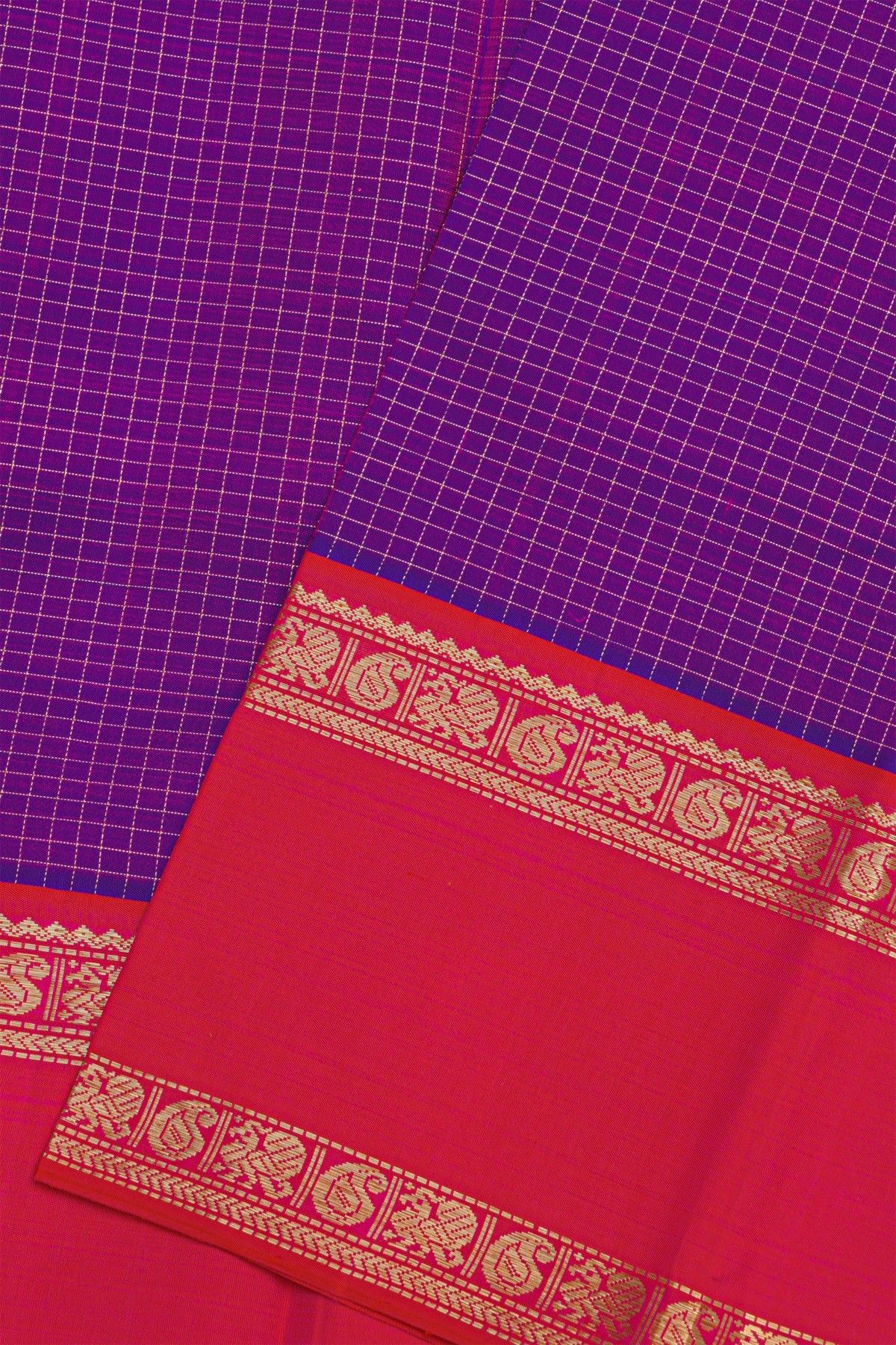 Kancheepuram Silk Purple Saree With Zari Check And Gap Border