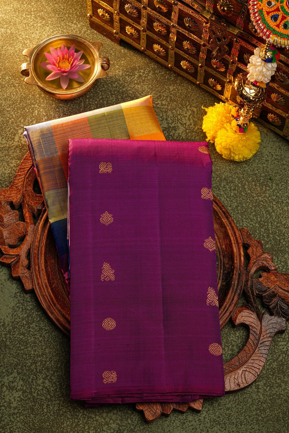 Kancheepuram Silk Multicolour Saree With Half-And-Half Design Body And Multicolour Checks Pallu