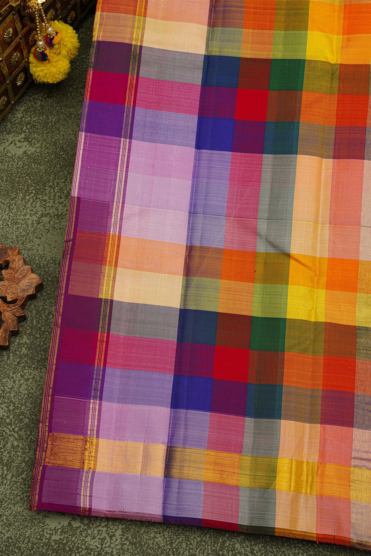 Kancheepuram Silk Multicolour Saree With Half-And-Half Design Body And Multicolour Checks Pallu