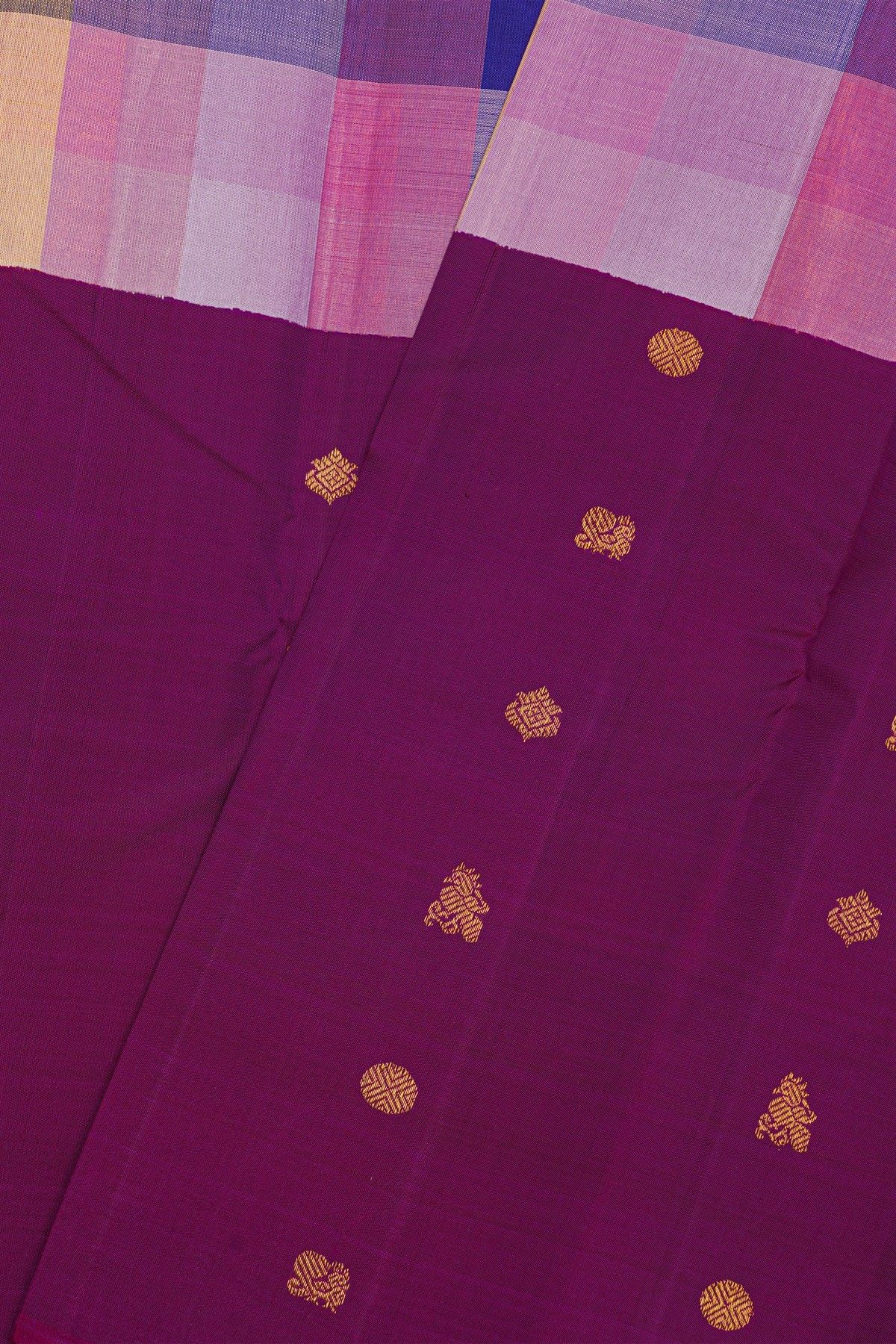 Kancheepuram Silk Multicolour Saree With Half-And-Half Design Body And Multicolour Checks Pallu