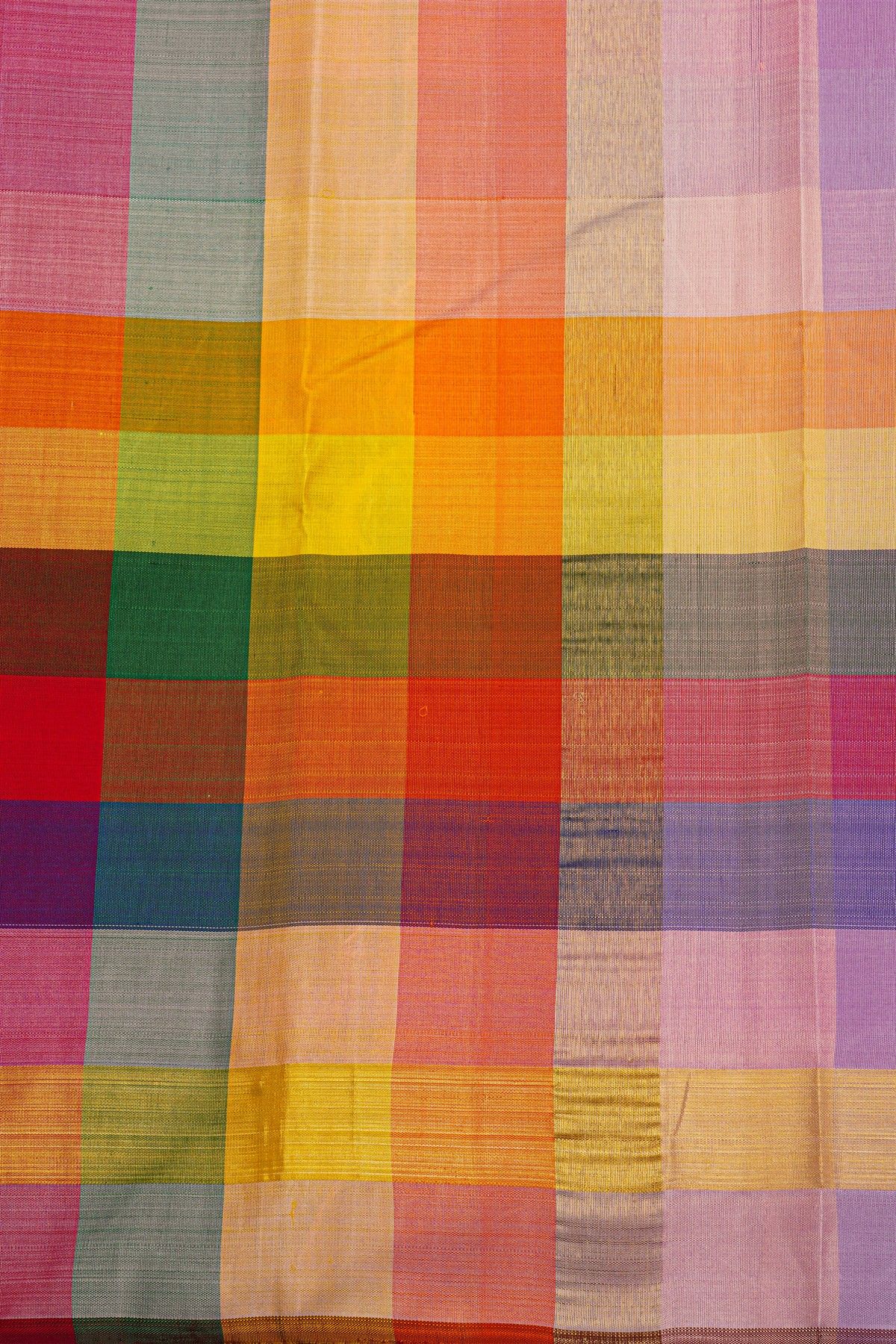 Kancheepuram Silk Multicolour Saree With Half-And-Half Design Body And Multicolour Checks Pallu