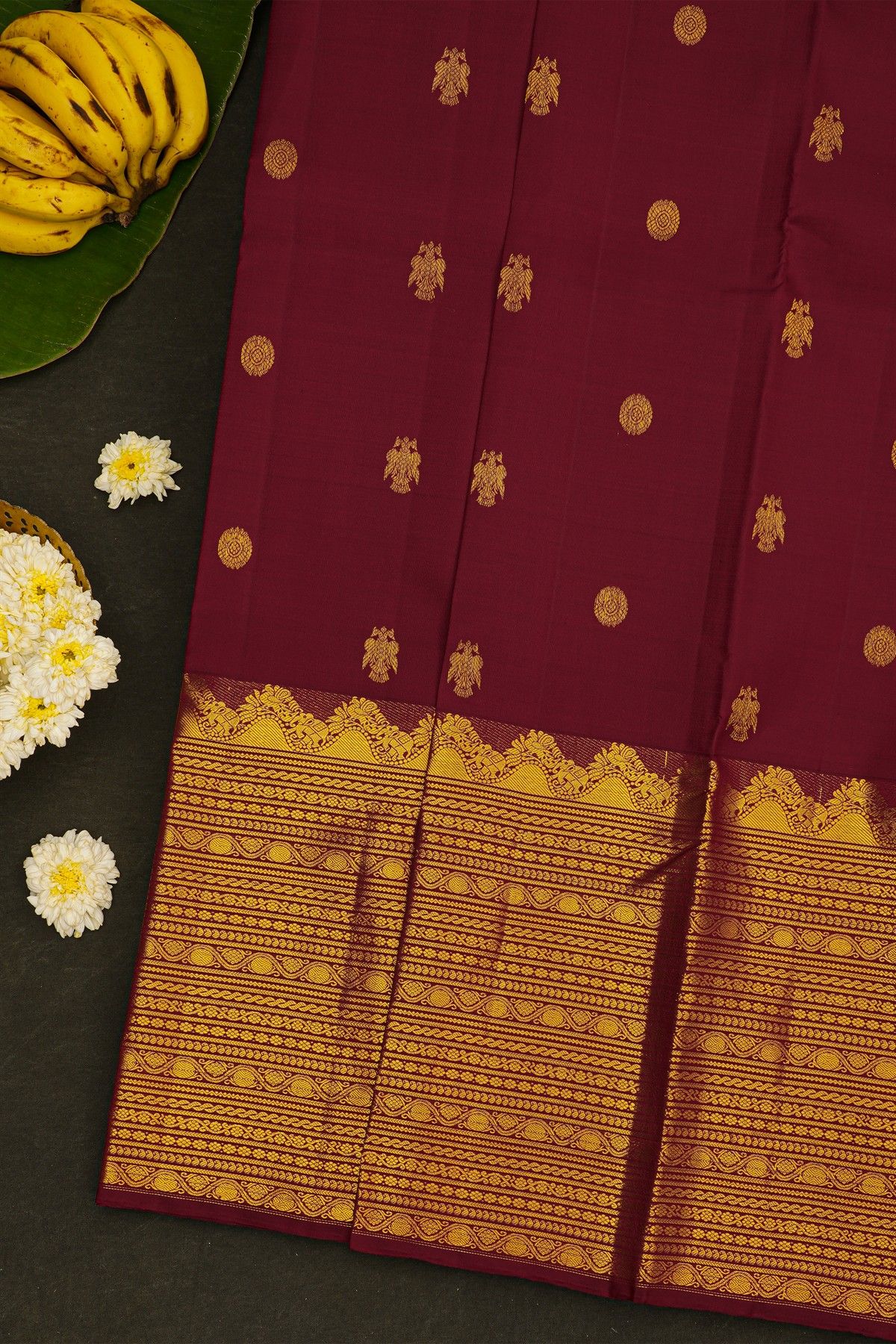Kancheepuram Silk Dark Maroon Saree With Florals And Birds In Buttis Body