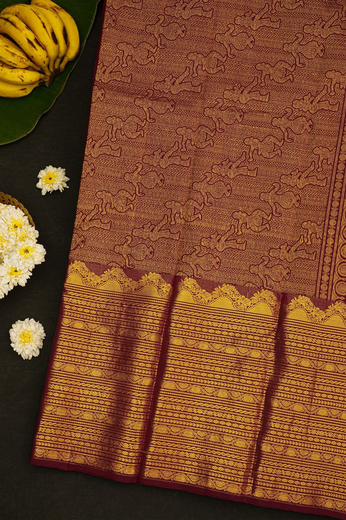 Kancheepuram Silk Dark Maroon Saree With Florals And Birds In Buttis Body