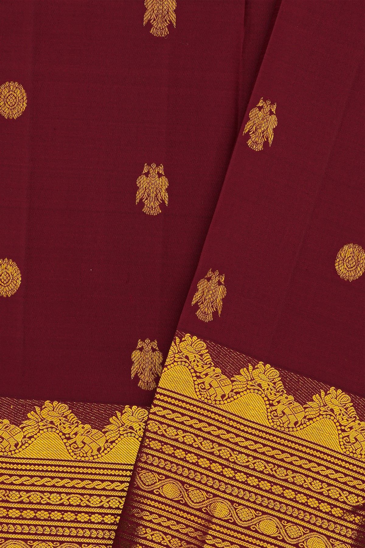 Kancheepuram Silk Dark Maroon Saree With Florals And Birds In Buttis Body