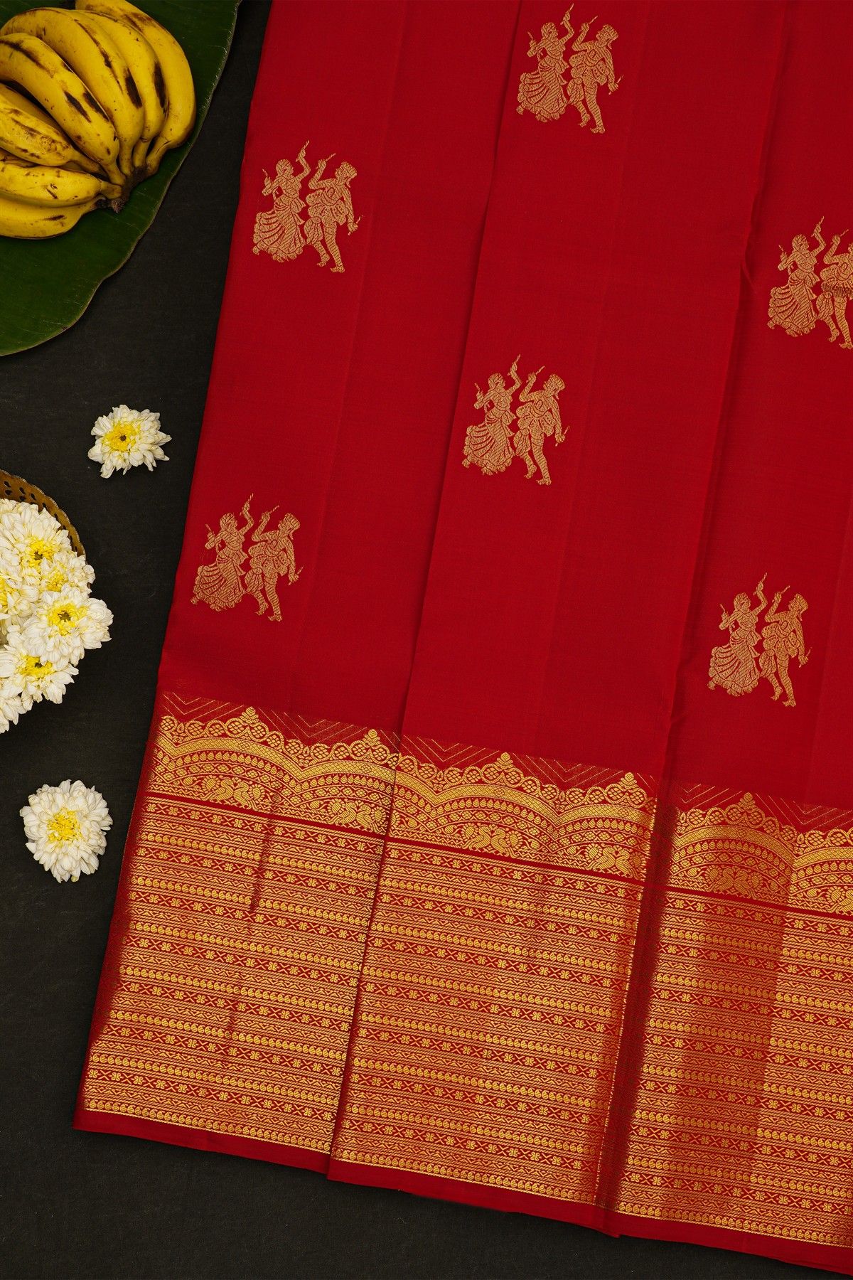 Kancheepuram Silk Red Saree With Dancing Dolls Weaving Body Self Turning Border