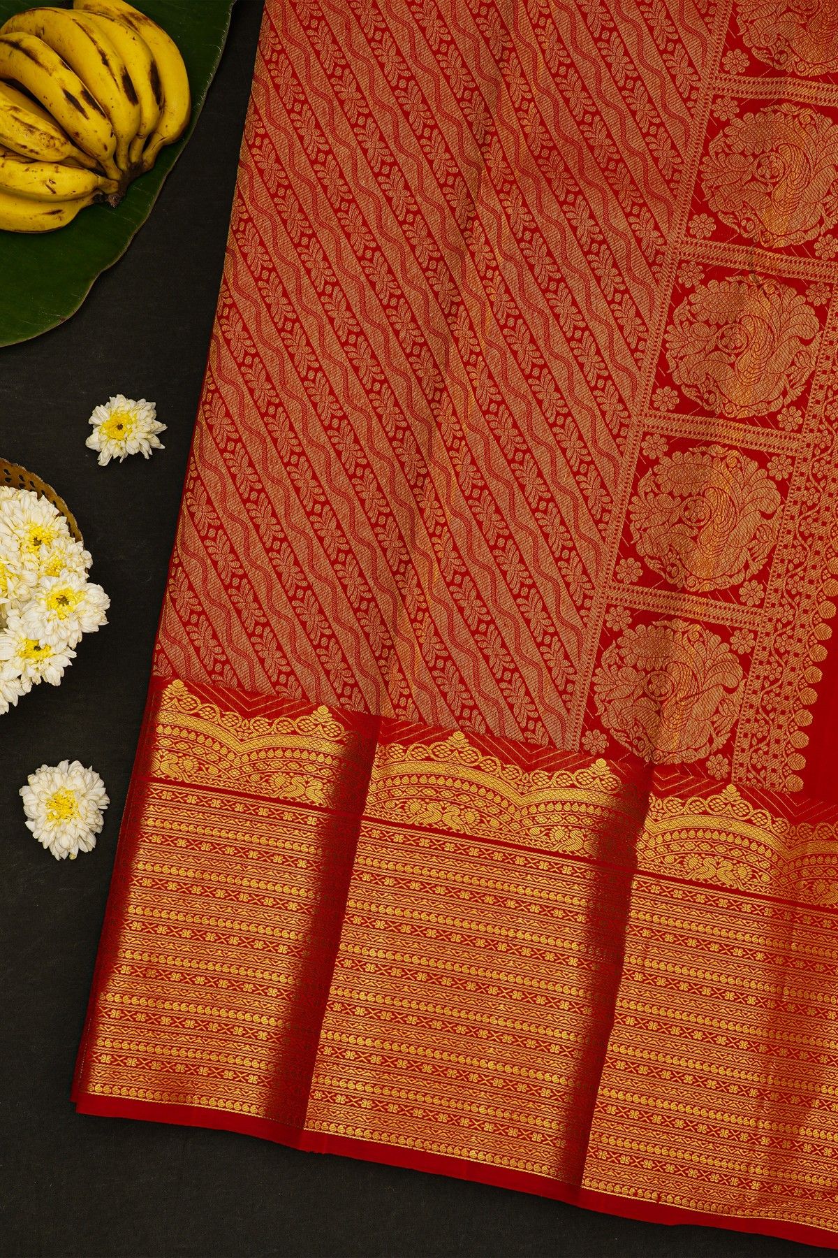 Kancheepuram Silk Red Saree With Dancing Dolls Weaving Body Self Turning Border