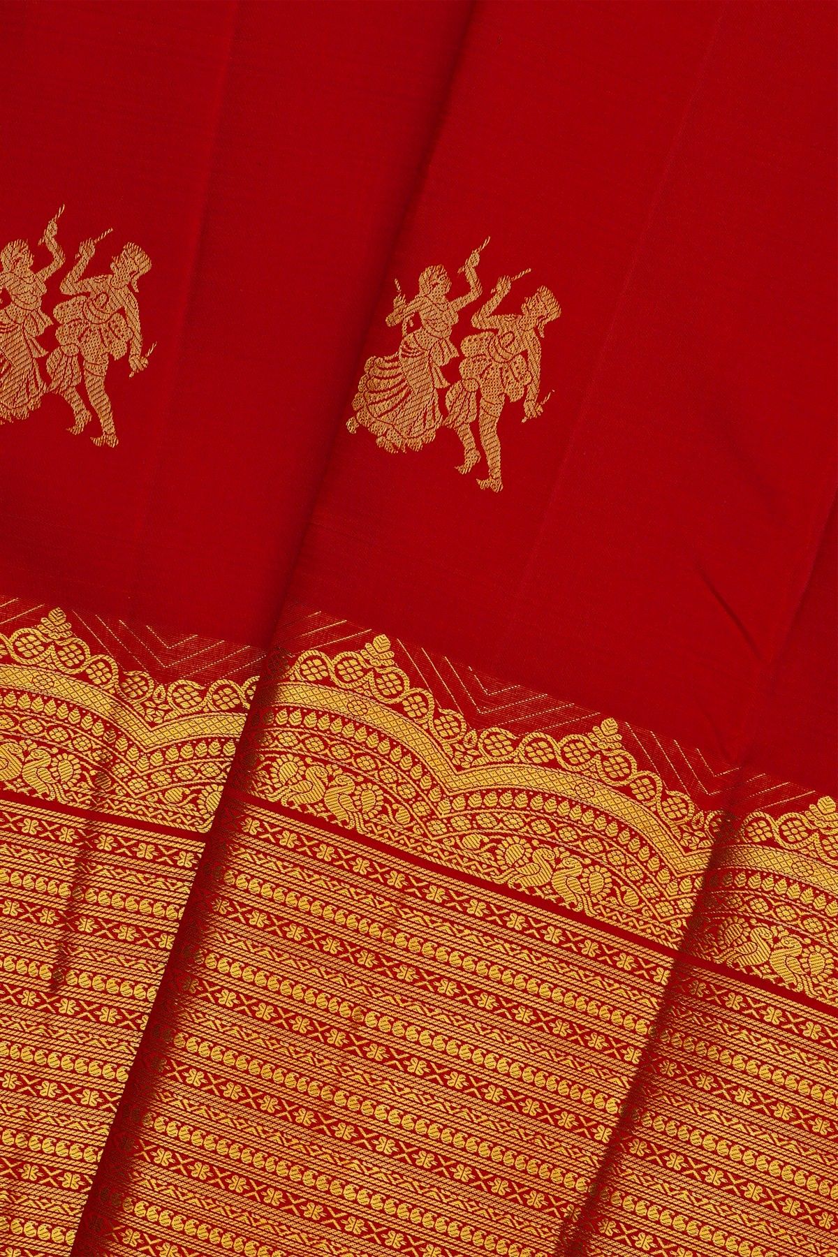 Kancheepuram Silk Red Saree With Dancing Dolls Weaving Body Self Turning Border