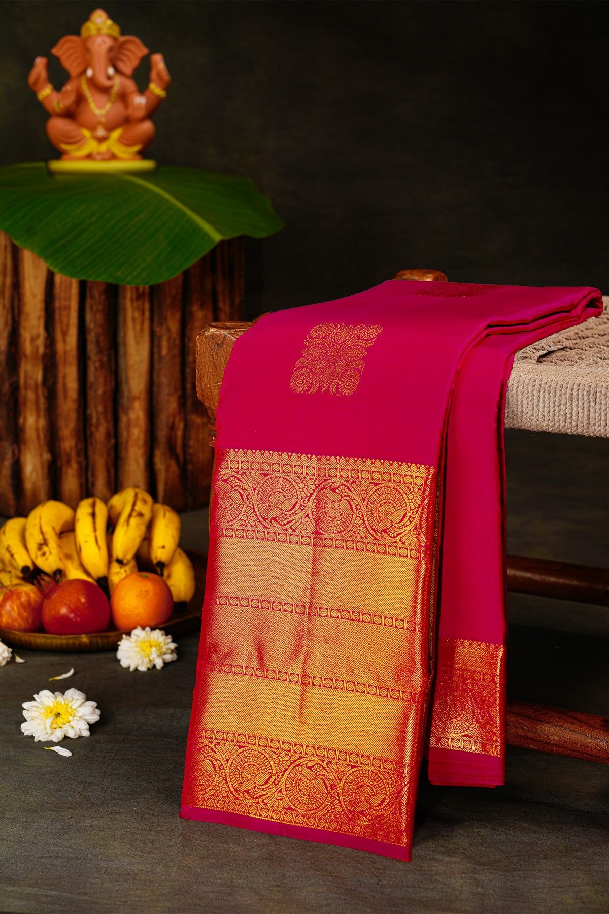 Kancheepuram Silk Pink Saree With Chowka Motif Body
