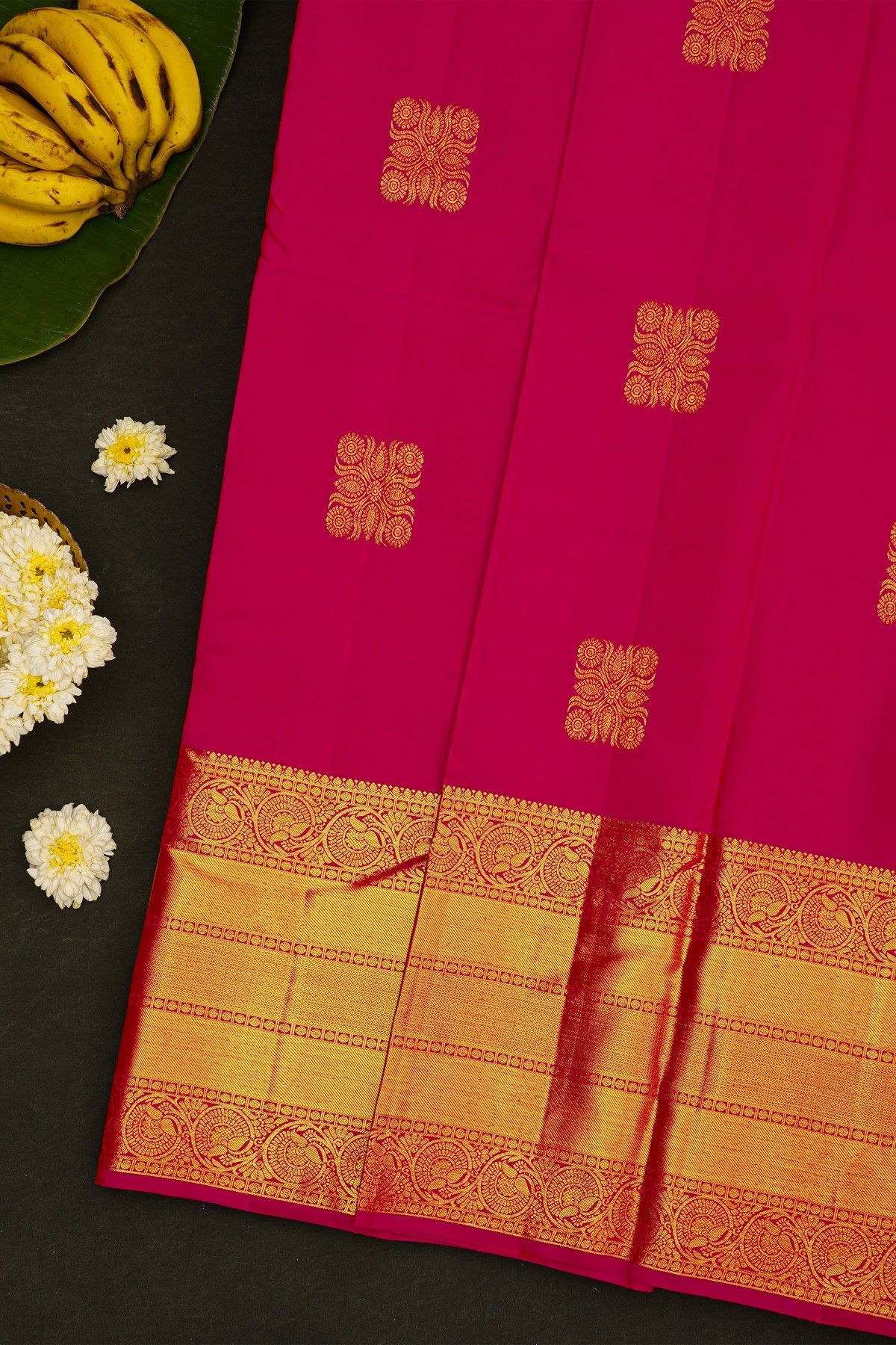 Kancheepuram Silk Pink Saree With Chowka Motif Body