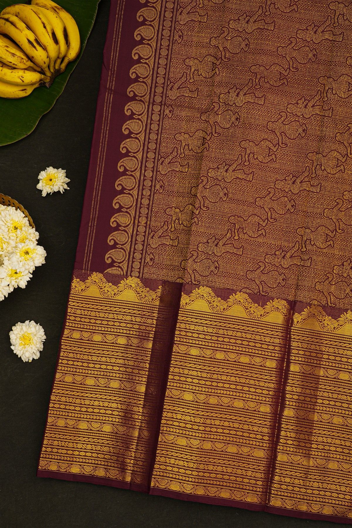 Kancheepuram Silk Dark Wine Colour Saree With Zig-Zag Zari Turning Border