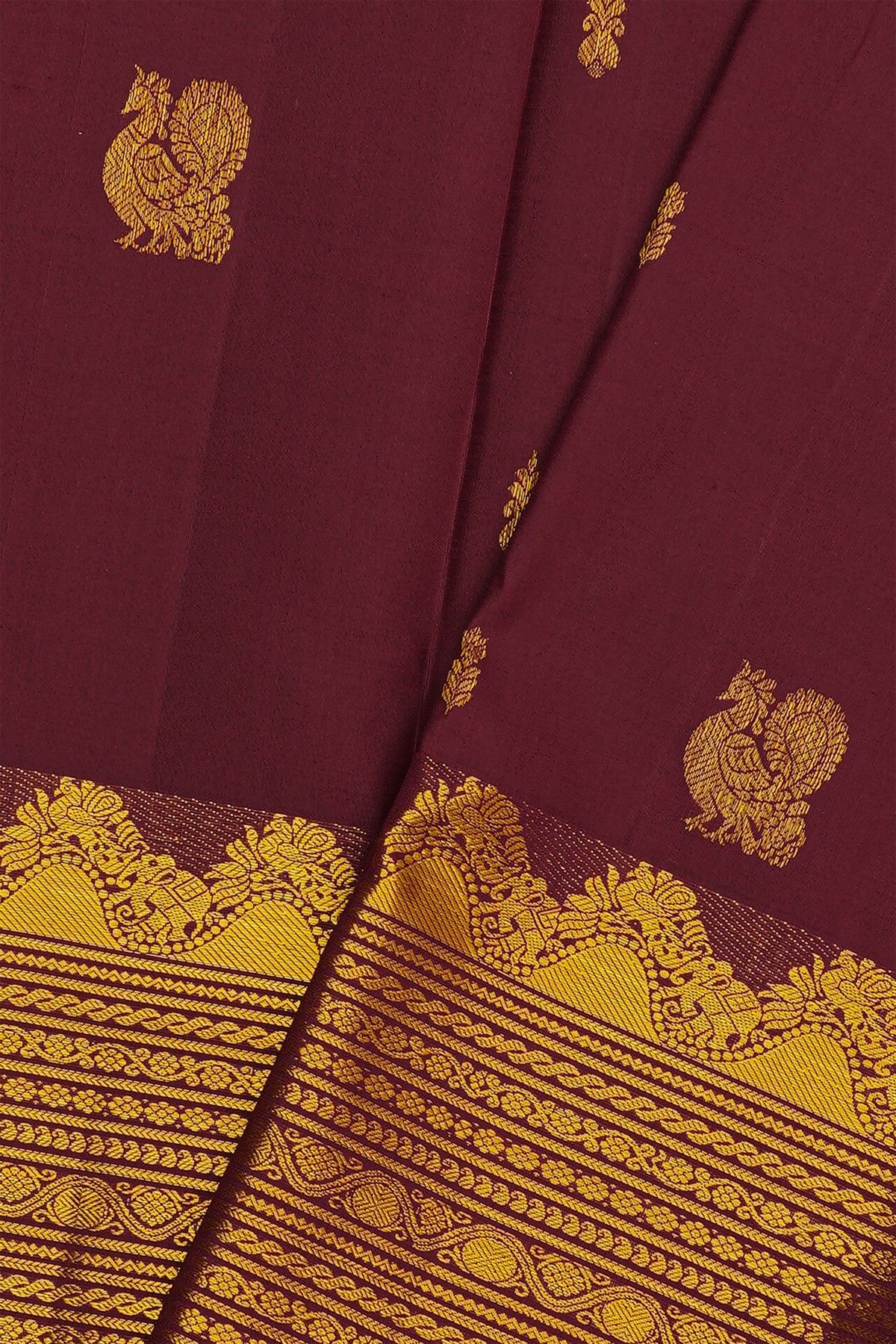 Kancheepuram Silk Dark Wine Colour Saree With Zig-Zag Zari Turning Border