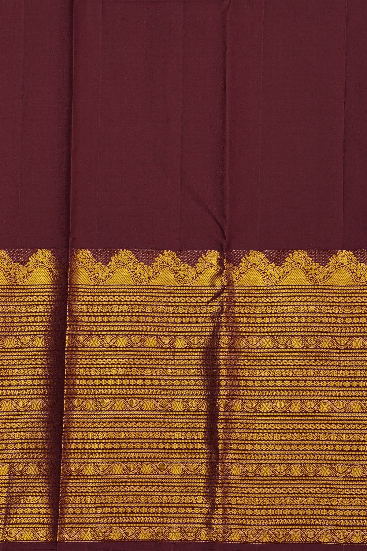 Kancheepuram Silk Dark Wine Colour Saree With Zig-Zag Zari Turning Border