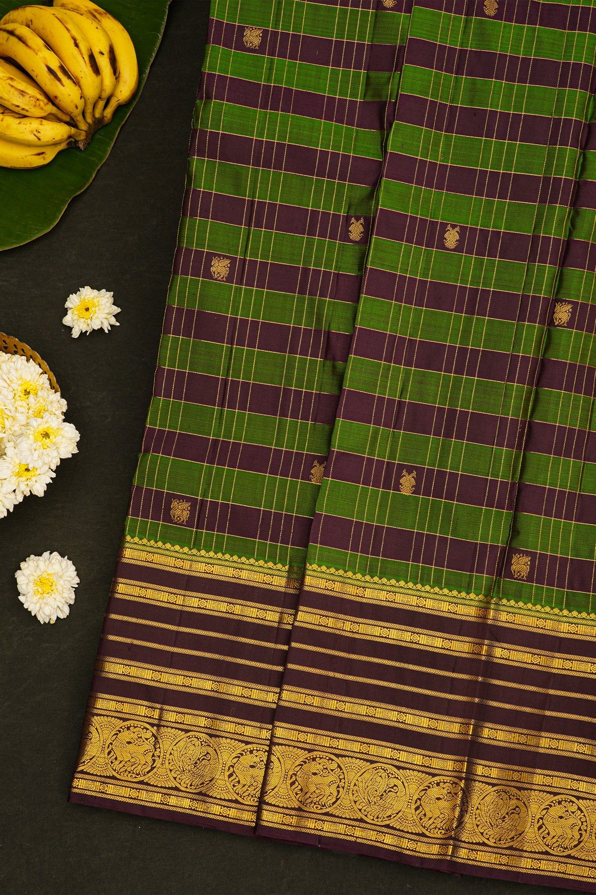 Vintage Kancheepuram Silk Green Saree WIth Multi Coloured Body