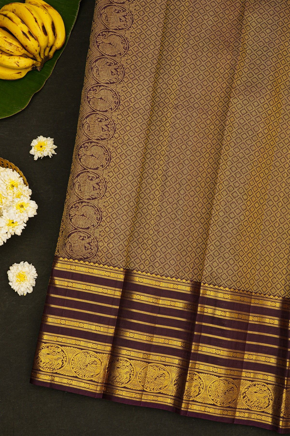 Vintage Kancheepuram Silk Green Saree WIth Multi Coloured Body