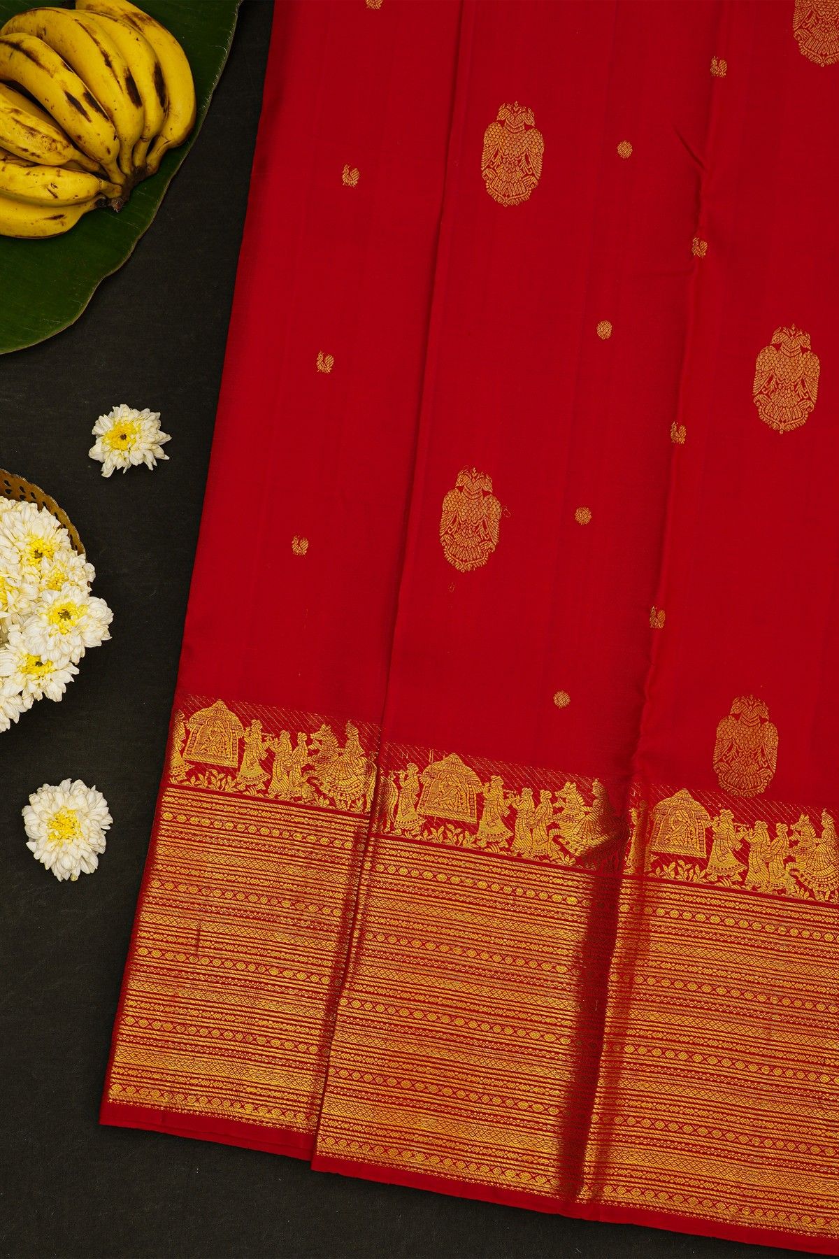 Kancheepuram Silk Red Saree With Florals, Leaf Jaal And Pallaki Border