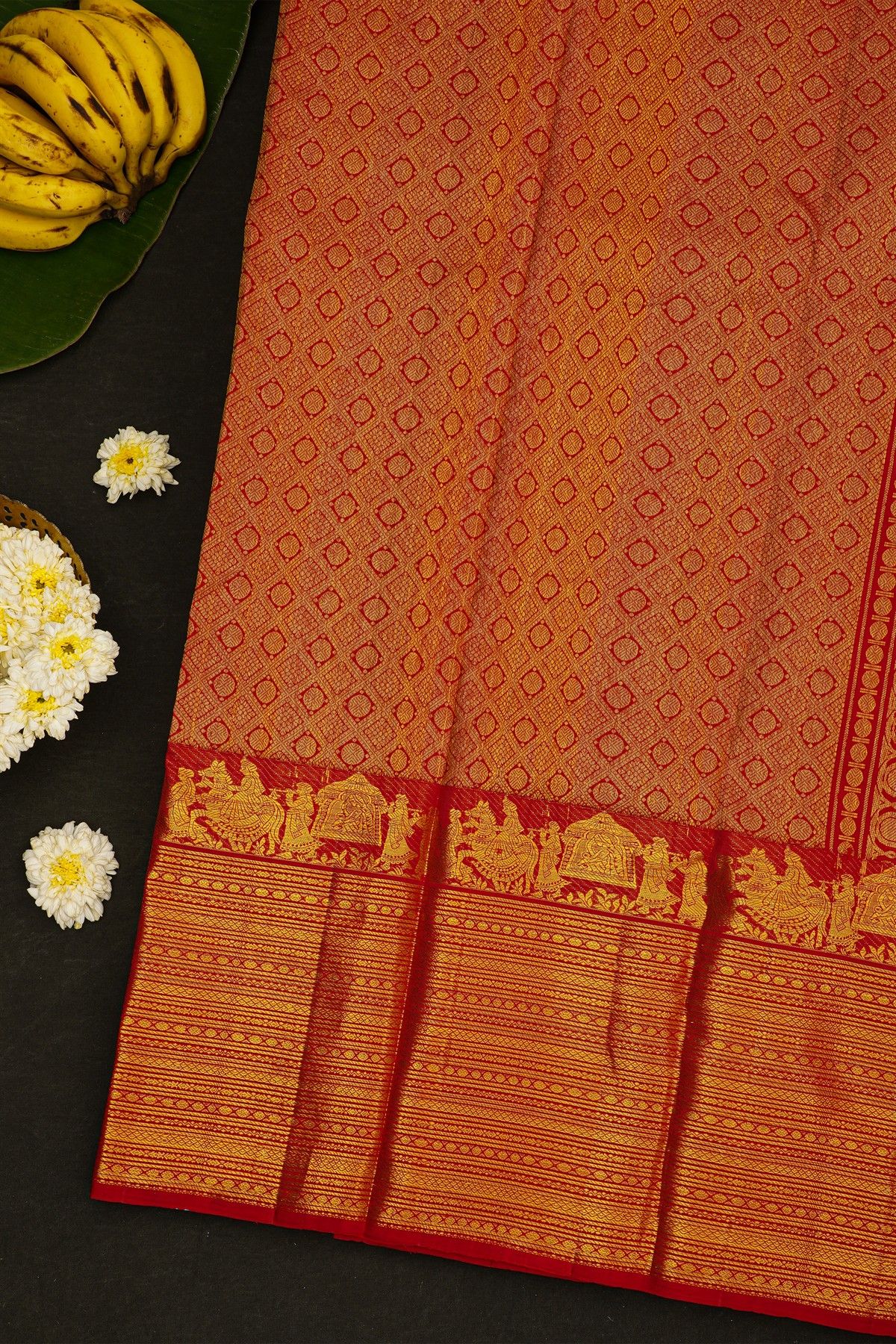Kancheepuram Silk Red Saree With Florals, Leaf Jaal And Pallaki Border