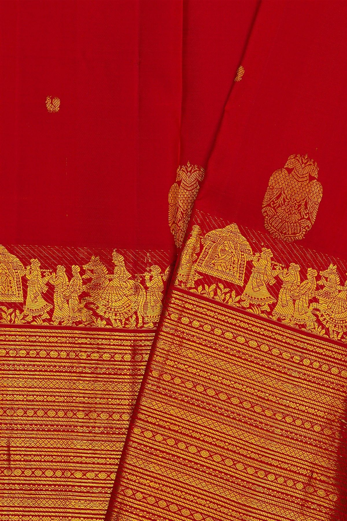 Kancheepuram Silk Red Saree With Florals, Leaf Jaal And Pallaki Border