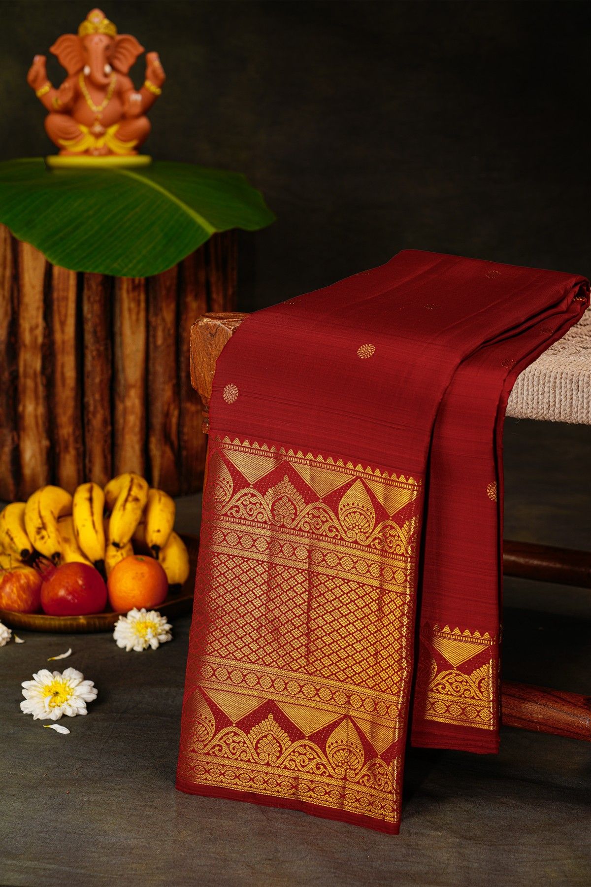 Kancheepuram Silk Maroon Saree With Self Border