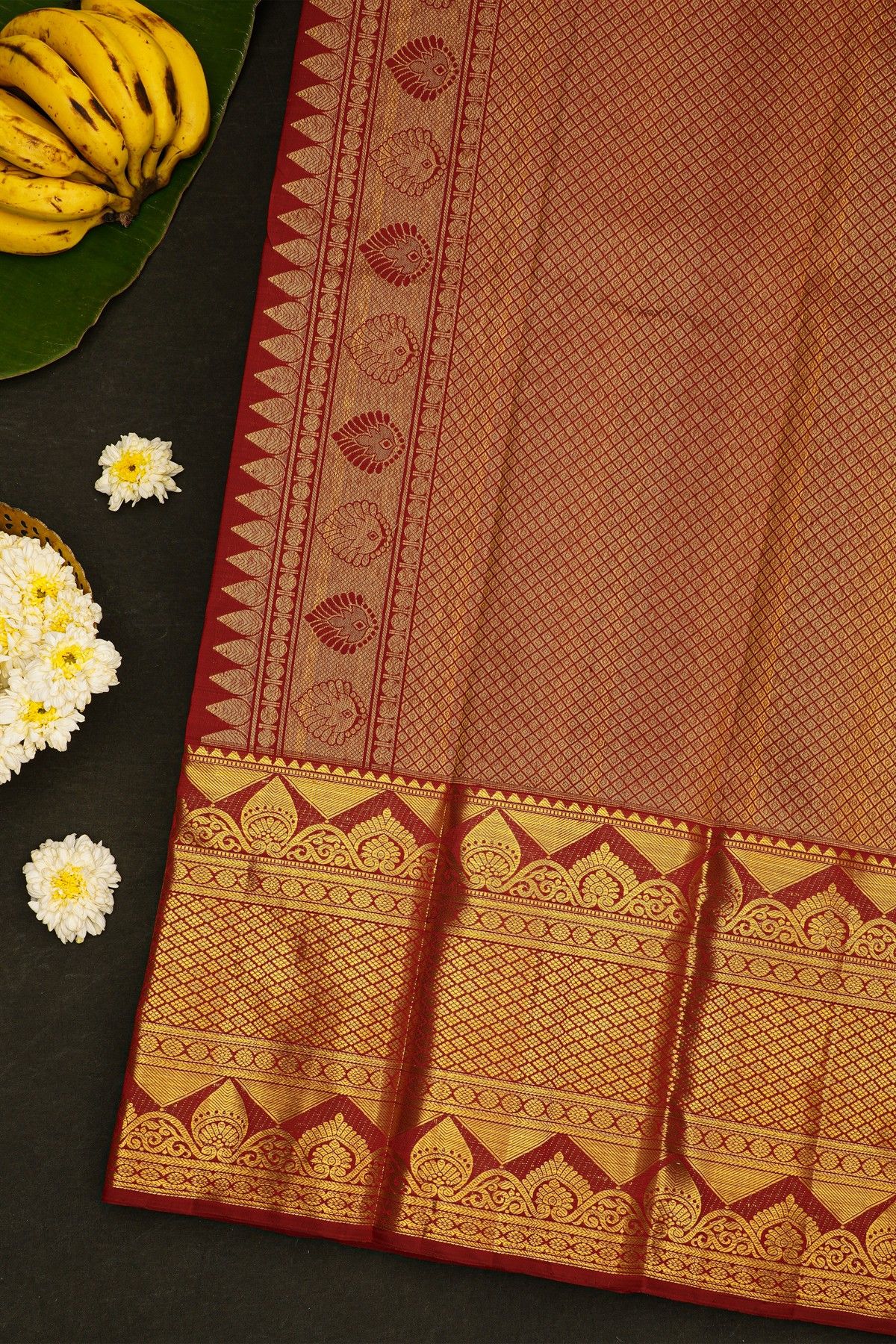 Kancheepuram Silk Maroon Saree With Self Border