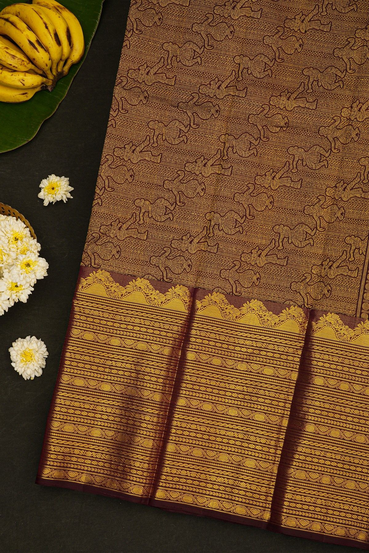 Kancheepuram Silk Wine Saree With Florals And Gandaberunda Buttis Body