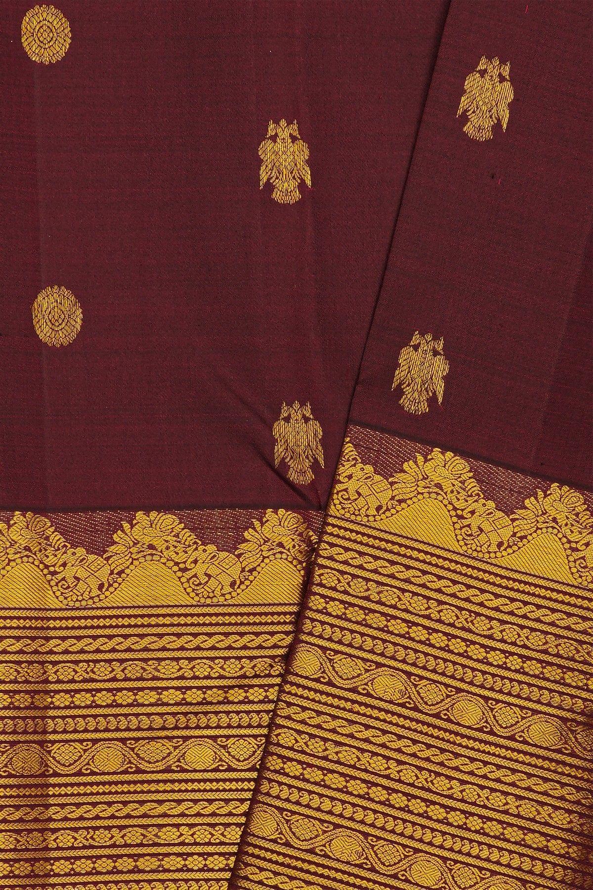 Kancheepuram Silk Wine Saree With Florals And Gandaberunda Buttis Body