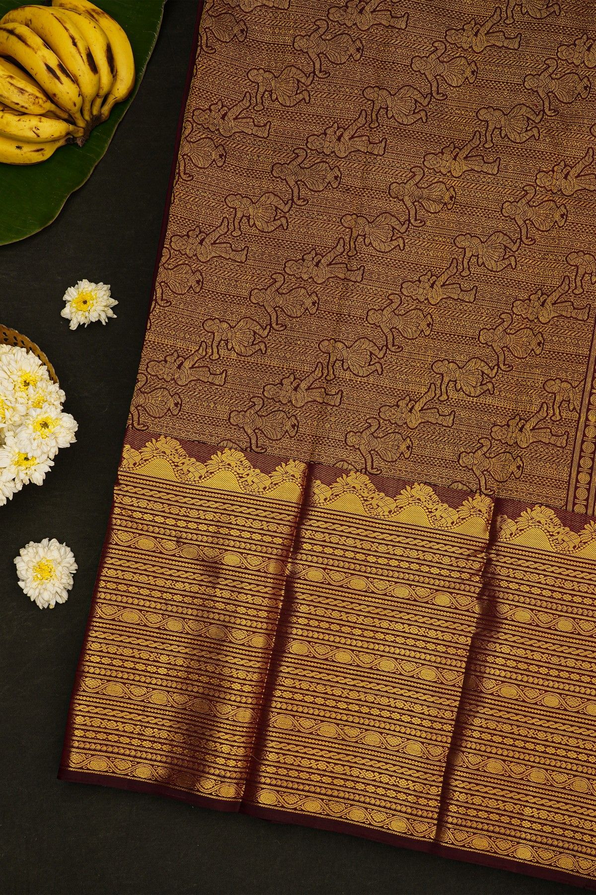 Kancheepuram Silk Dark Wine Colour Saree With Gandaberunda Buttis Body