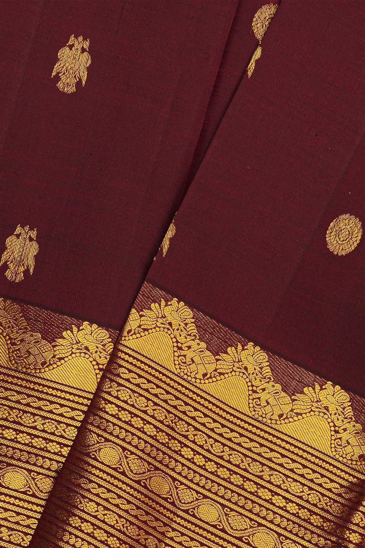 Kancheepuram Silk Dark Wine Colour Saree With Gandaberunda Buttis Body