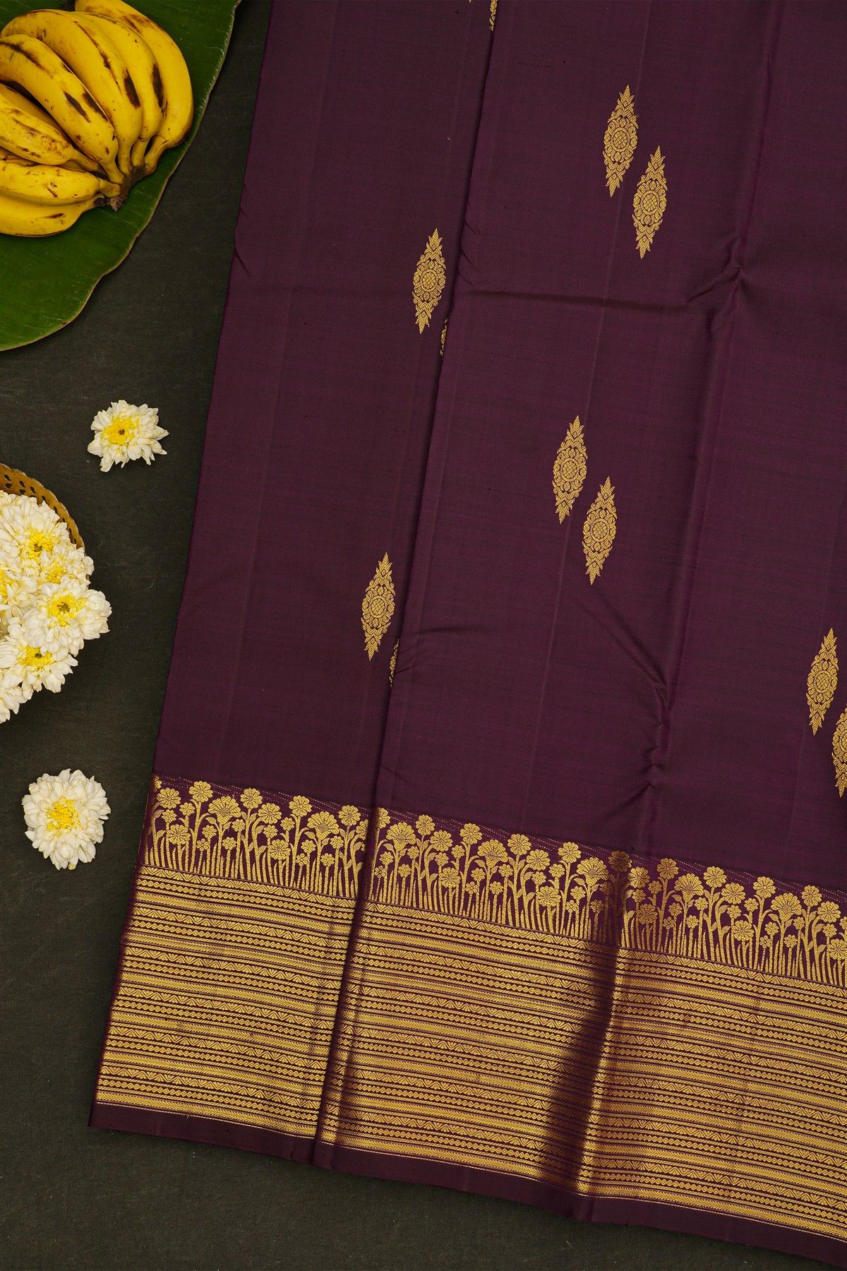 Kancheepuram Silk Dark Wine Saree WIth Sun Flower Weave Border