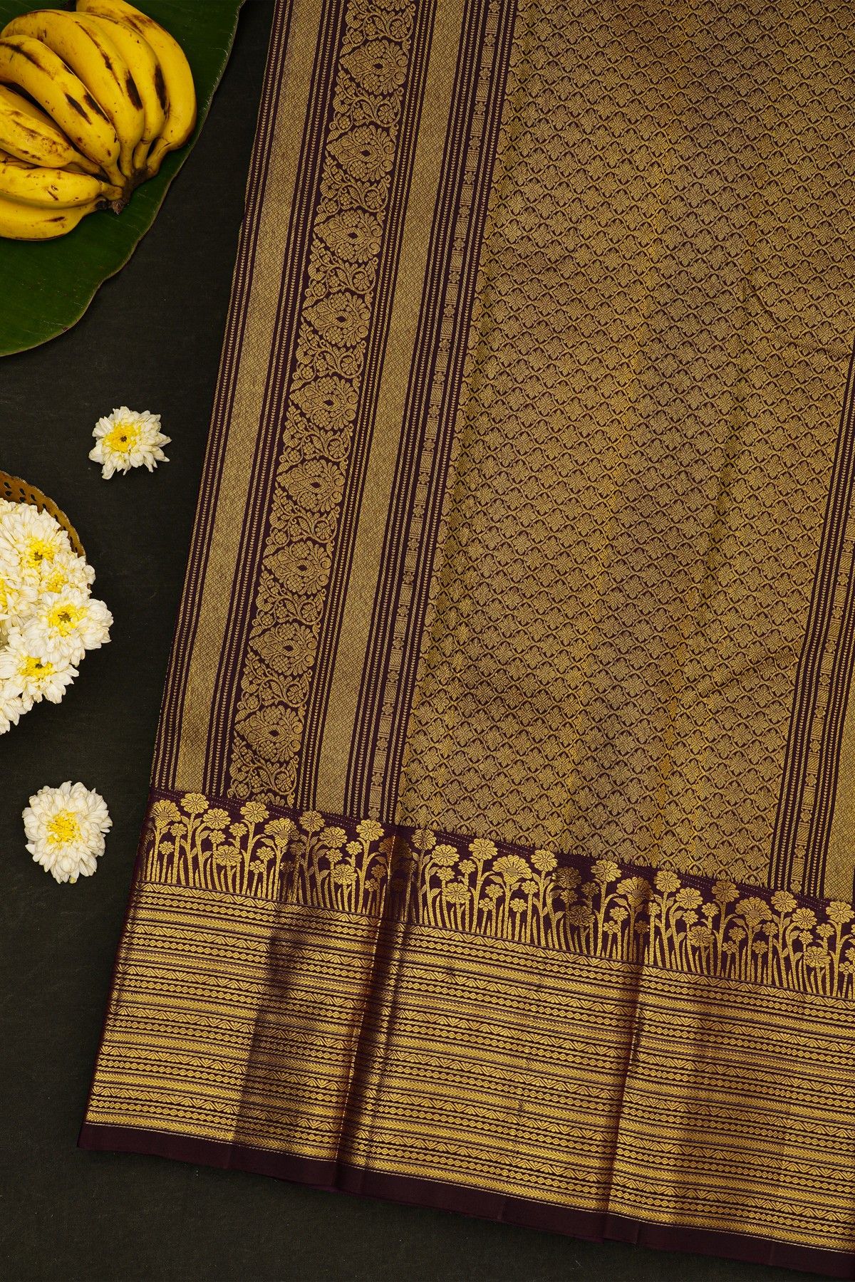 Kancheepuram Silk Dark Wine Saree WIth Sun Flower Weave Border