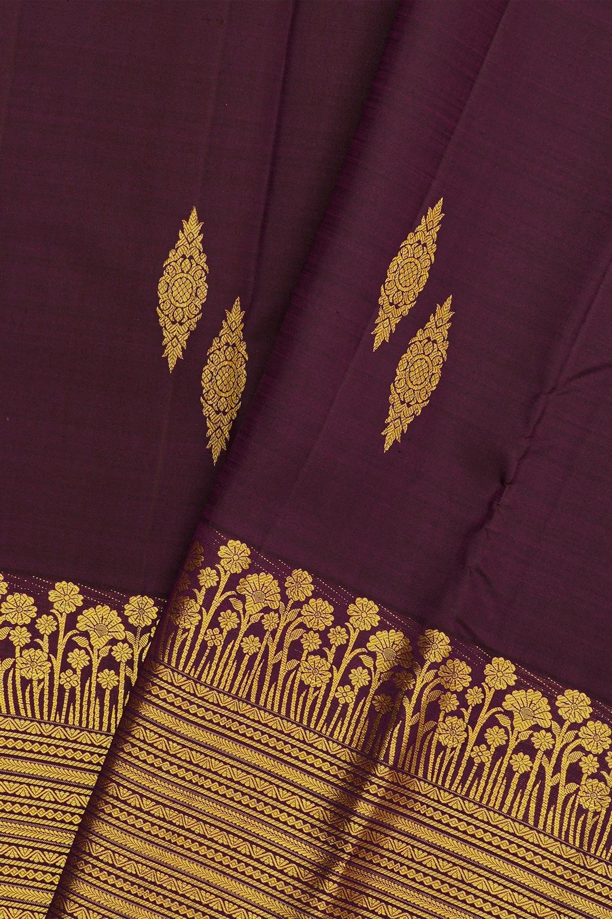 Kancheepuram Silk Dark Wine Saree WIth Sun Flower Weave Border