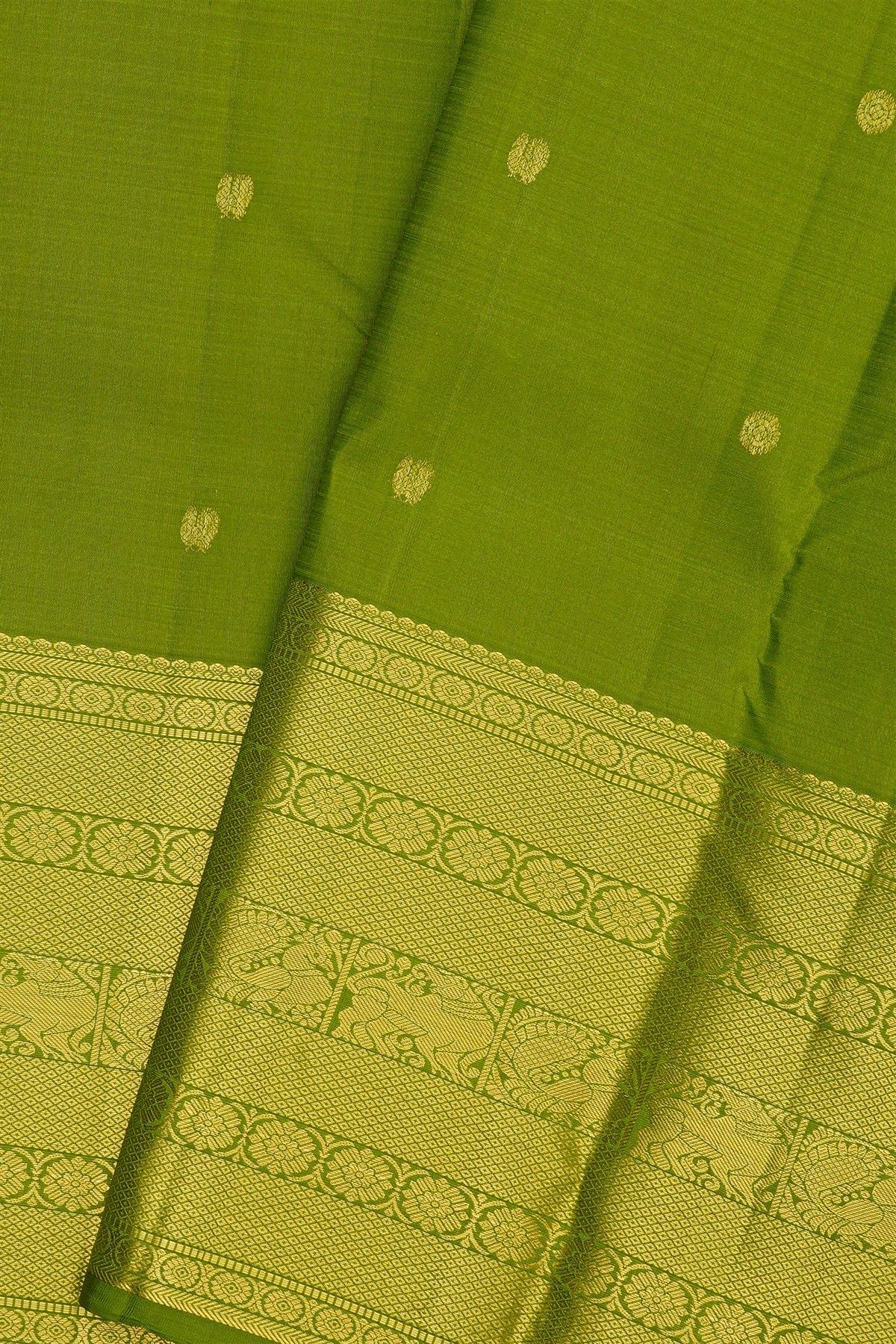 Kancheepuram Silk Parrot Green Saree With Peacock Buttis Body