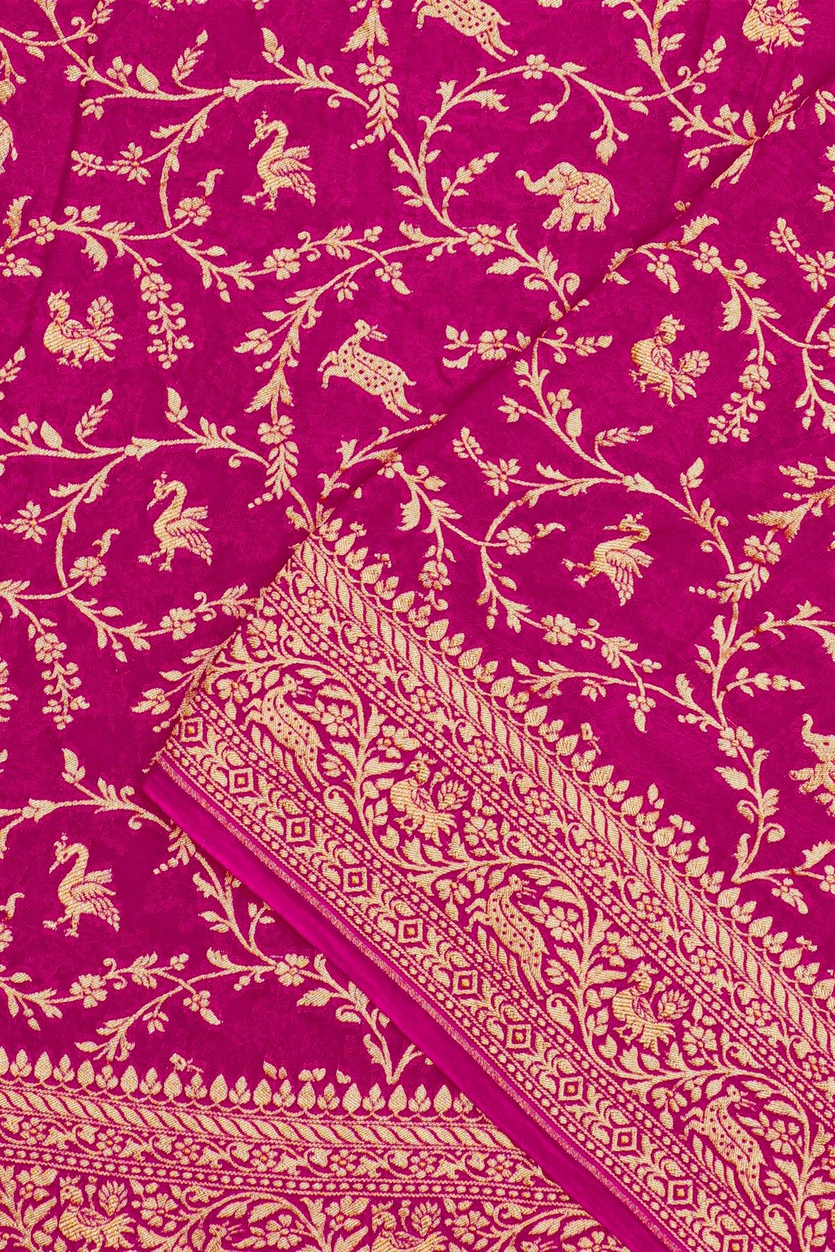 Banarasi Kaddi Georgette Pink Saree With Florals And Leaves Jaal