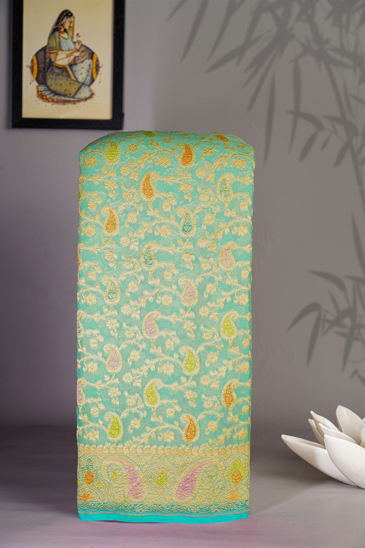 Banarasi Kaddi Georgette Sea Green Saree Florals And Paisleys Border